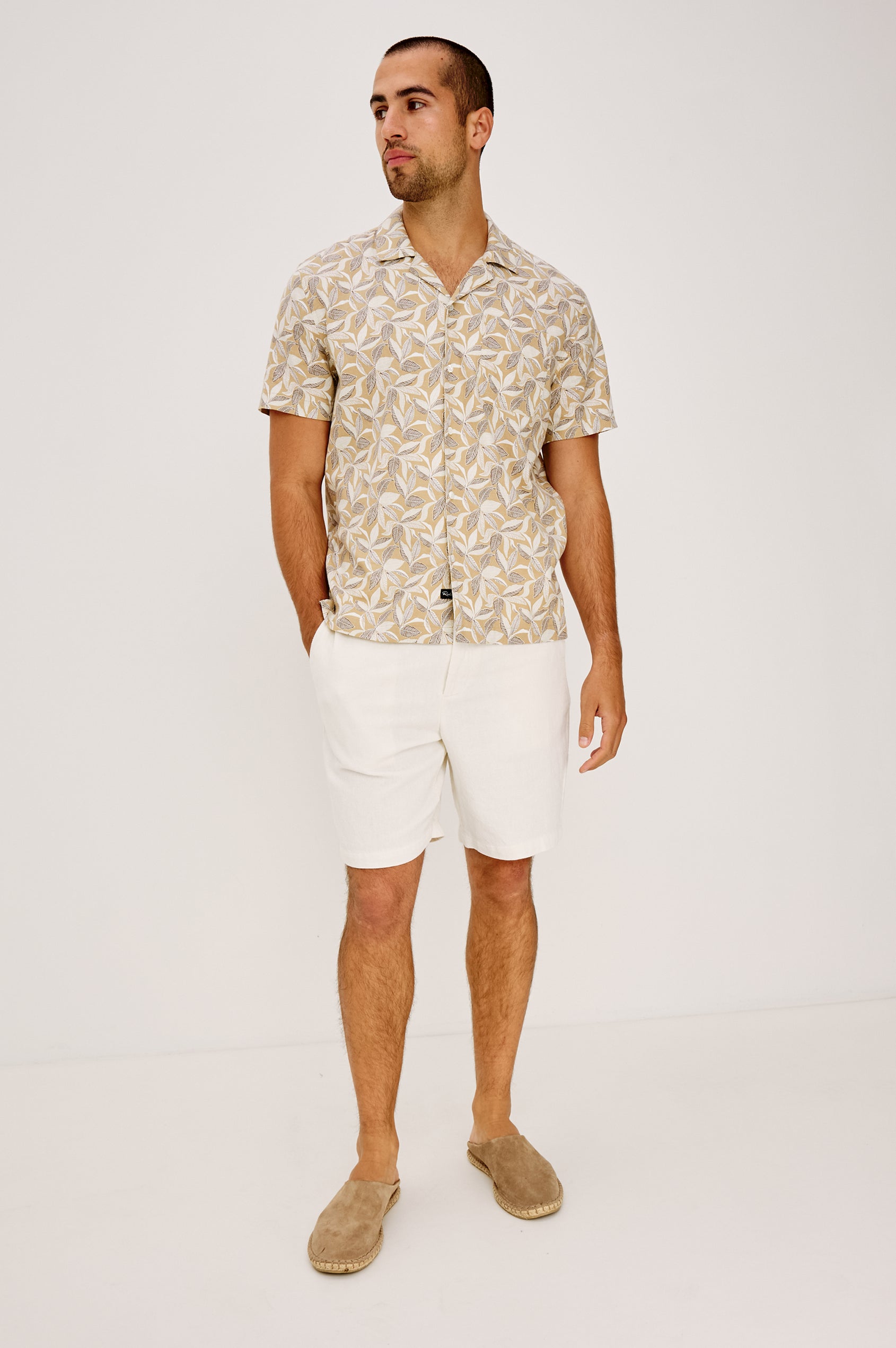 Waimea Short-Sleeve Button Up with a Chest Patch Pocket in Banana Leaf Khaki Colorway,  Front Full Body View Featured on Model