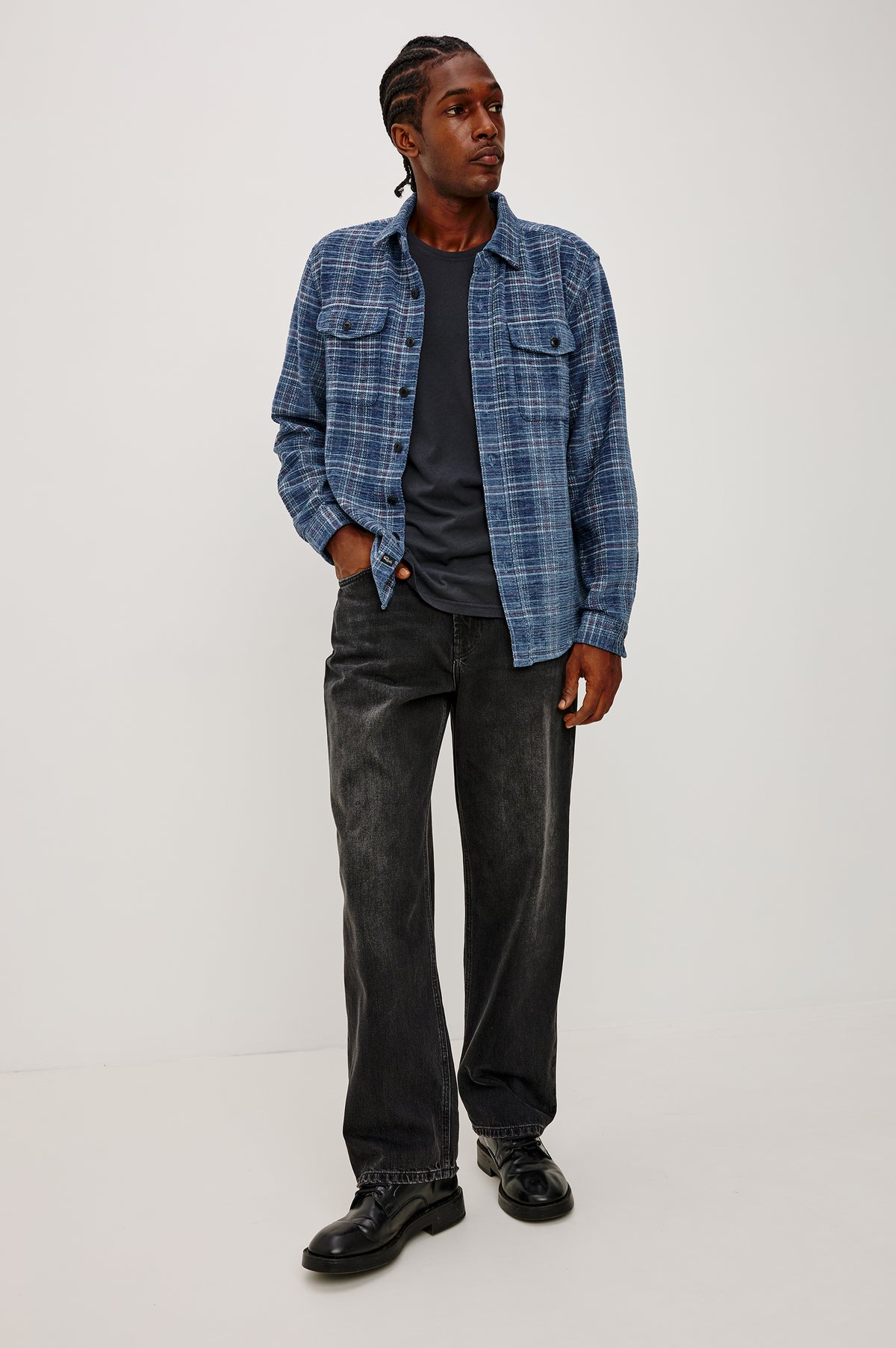 Warren Overshirt in Textured Chenille Cotton Blend With Collar, Button Front, and Dual Chest Flap Pockets in Dark Sky Chenille Colorway - Full Body Front View Featured on Model.