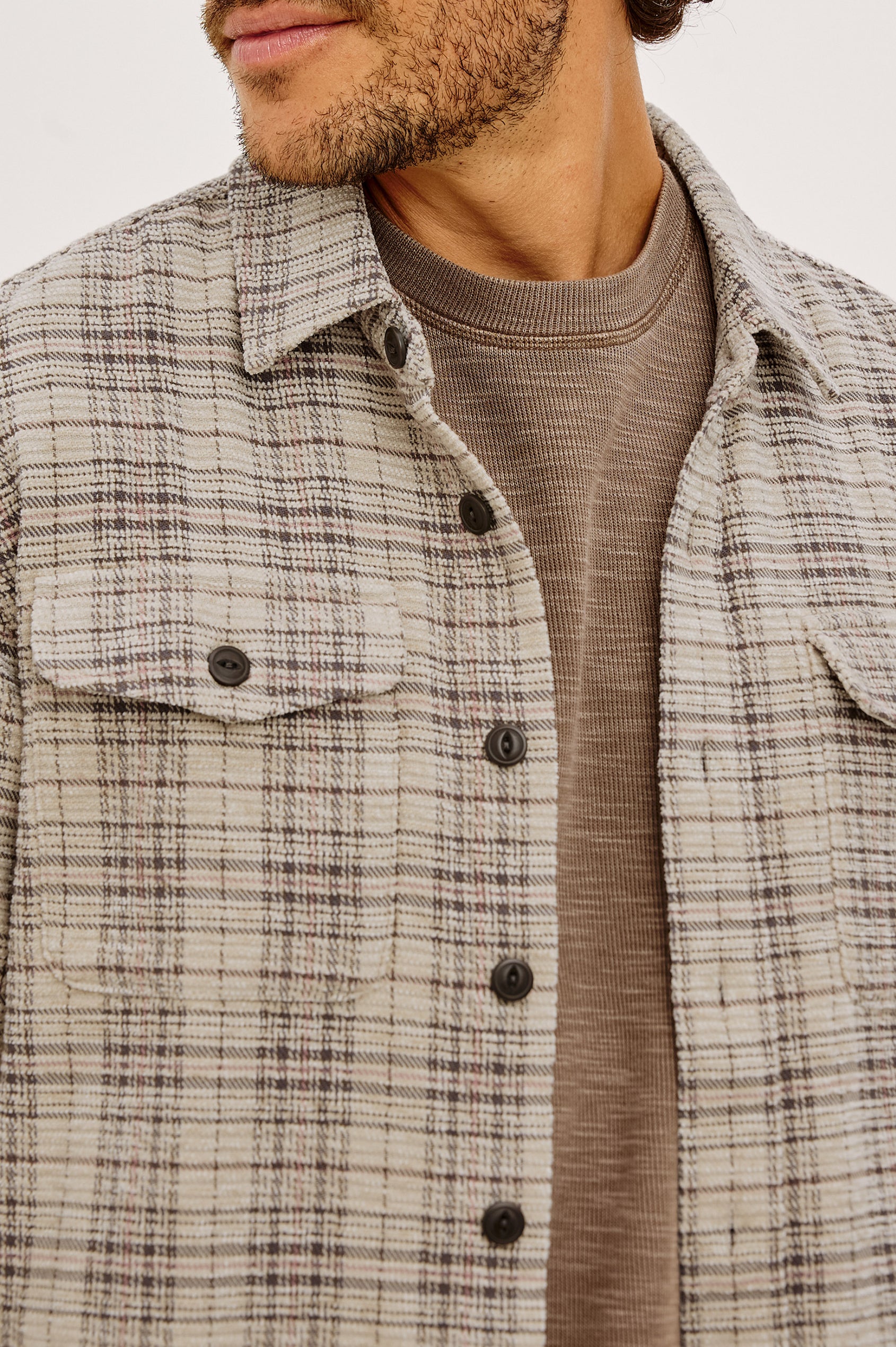 Warren Overshirt in Soft Textured Chenille Cotton With Relaxed Fit, Point Collar, Button Front, Dual Chest Flap Pockets, and Shirttail Hem in Wheat Rhubarb Chenille Colorway - Upper Body Front View Featured on Model
