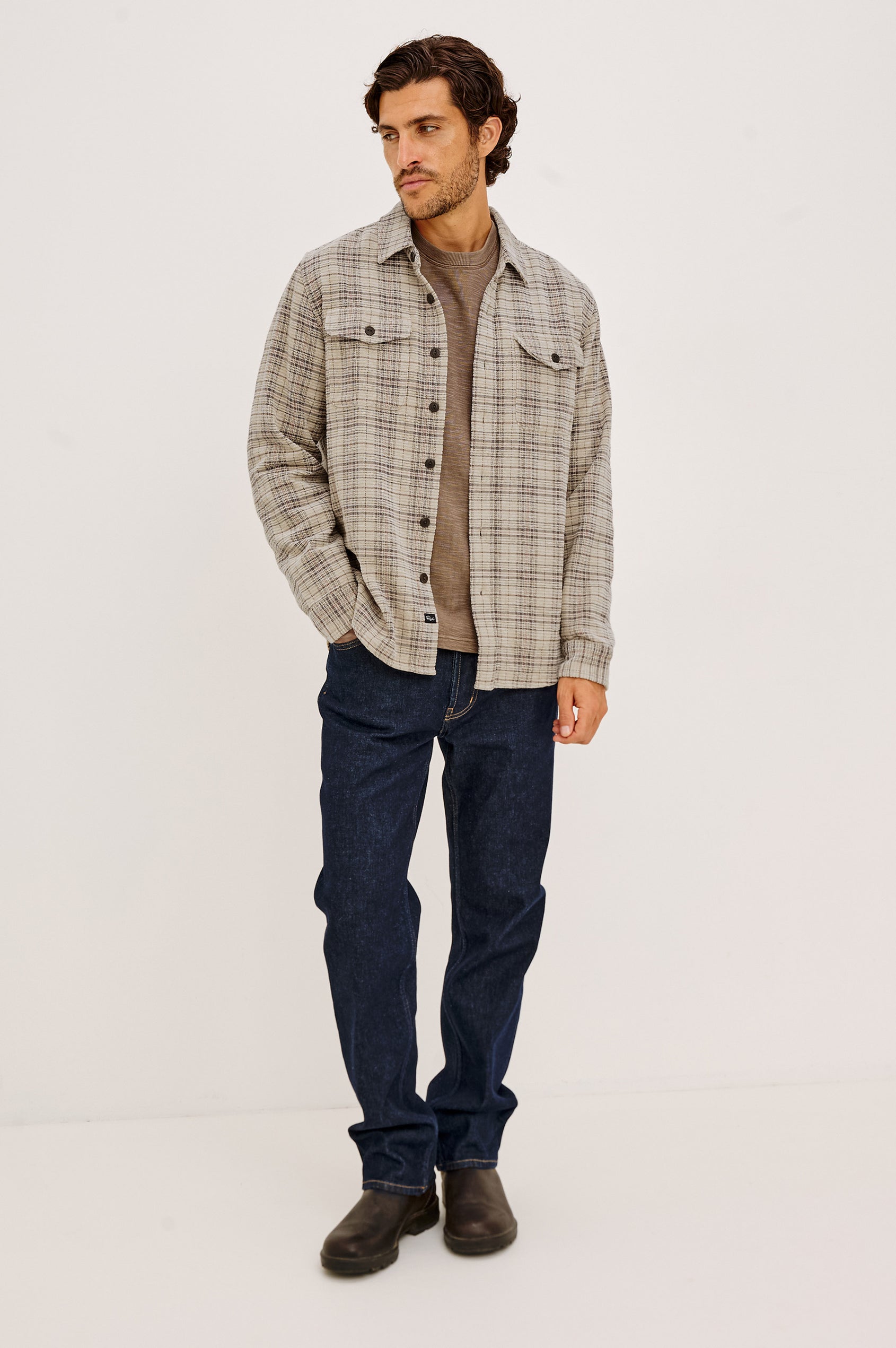 Warren Overshirt in Soft Textured Chenille Cotton With Relaxed Fit, Point Collar, Button Front, Dual Chest Flap Pockets, and Shirttail Hem in Wheat Rhubarb Chenille Colorway - Full Body Front View Featured on Model