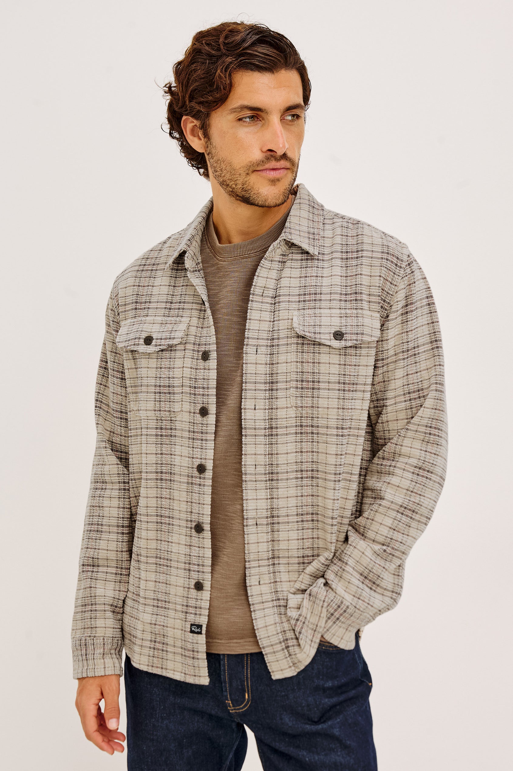 Warren Overshirt in Soft Textured Chenille Cotton With Relaxed Fit, Point Collar, Button Front, Dual Chest Flap Pockets, and Shirttail Hem in Wheat Rhubarb Chenille Colorway - Upper Body Front View Featured on Model