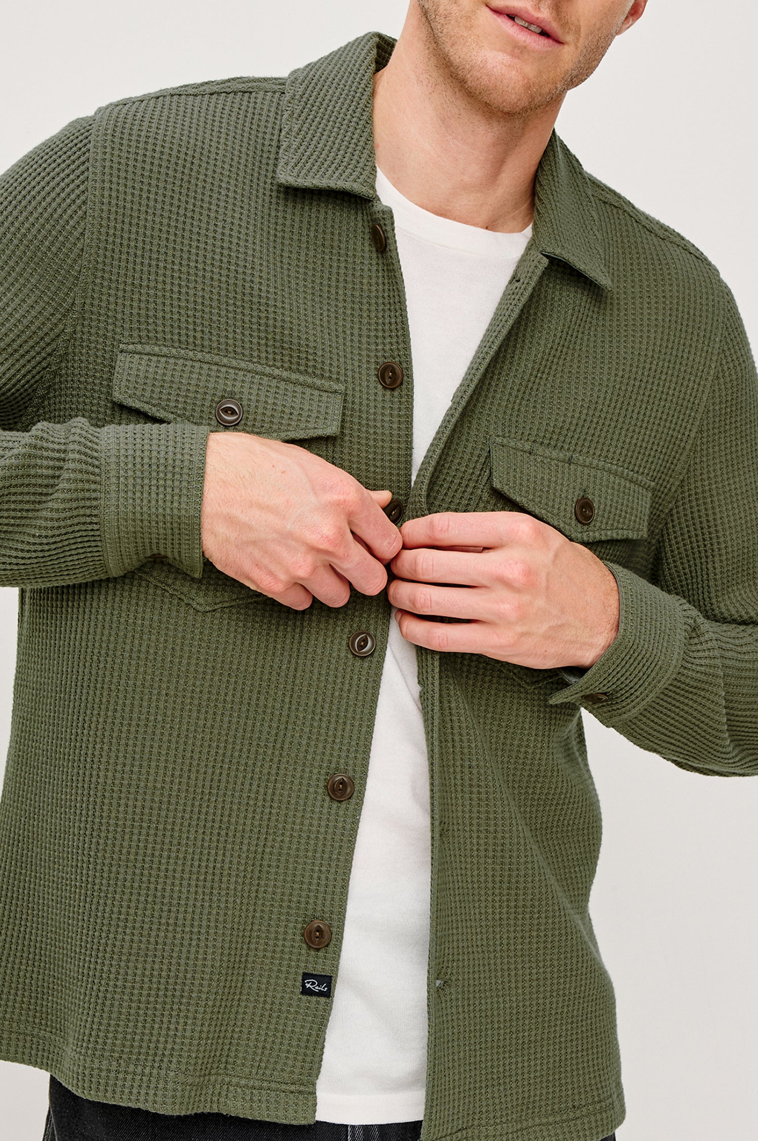 Wells Button Front Overshirt in Waffle Knit Cotton Blend With Collar, Buttoned Chest Flap Pockets, and Long Sleeves in Forest Colorway - Upper Body Close Up Front View Featured on Model