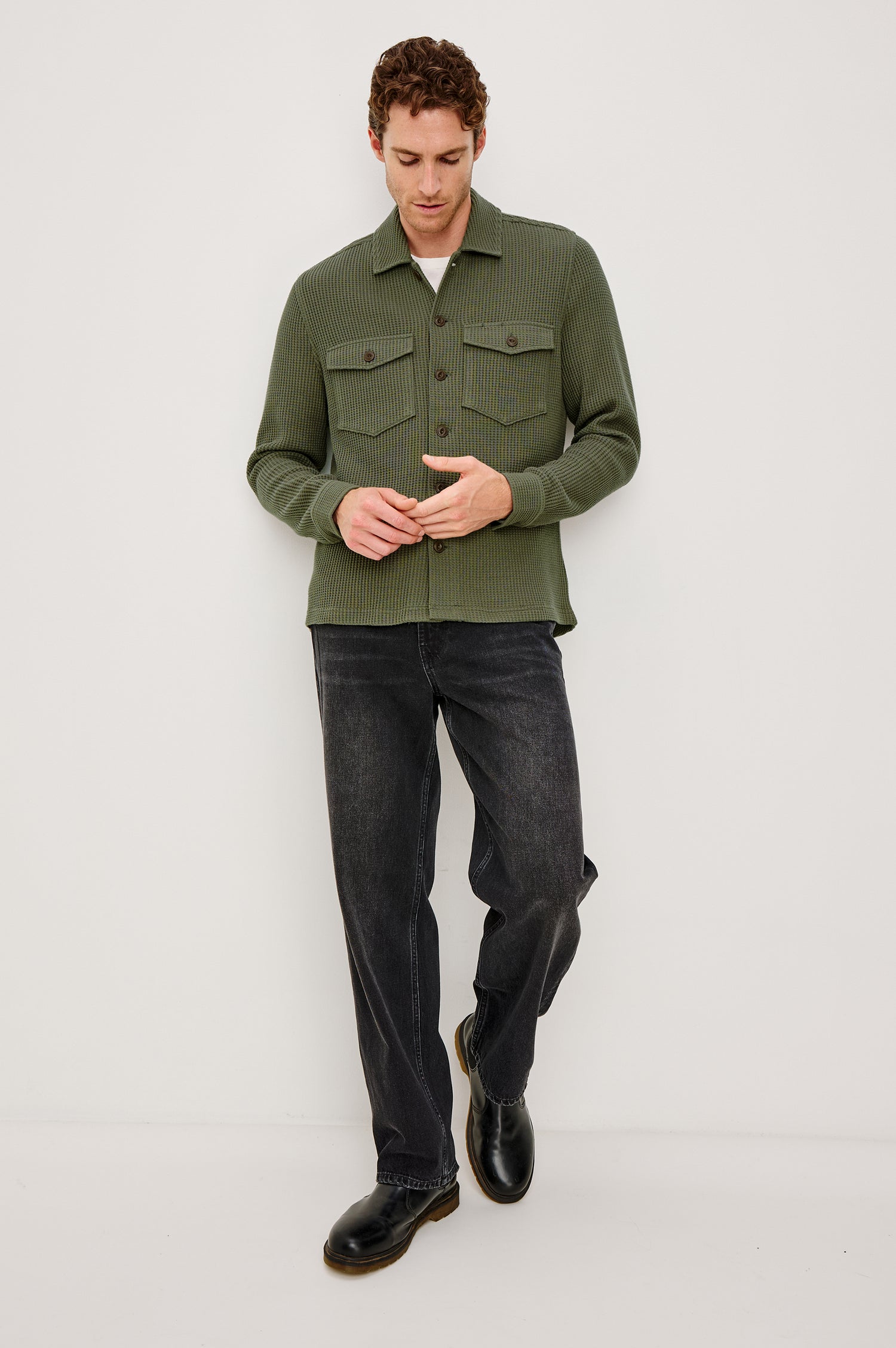 Wells Button Front Overshirt in Waffle Knit Cotton Blend With Collar, Buttoned Chest Flap Pockets, and Long Sleeves in Forest Colorway - Full Body Front View Featured on Model