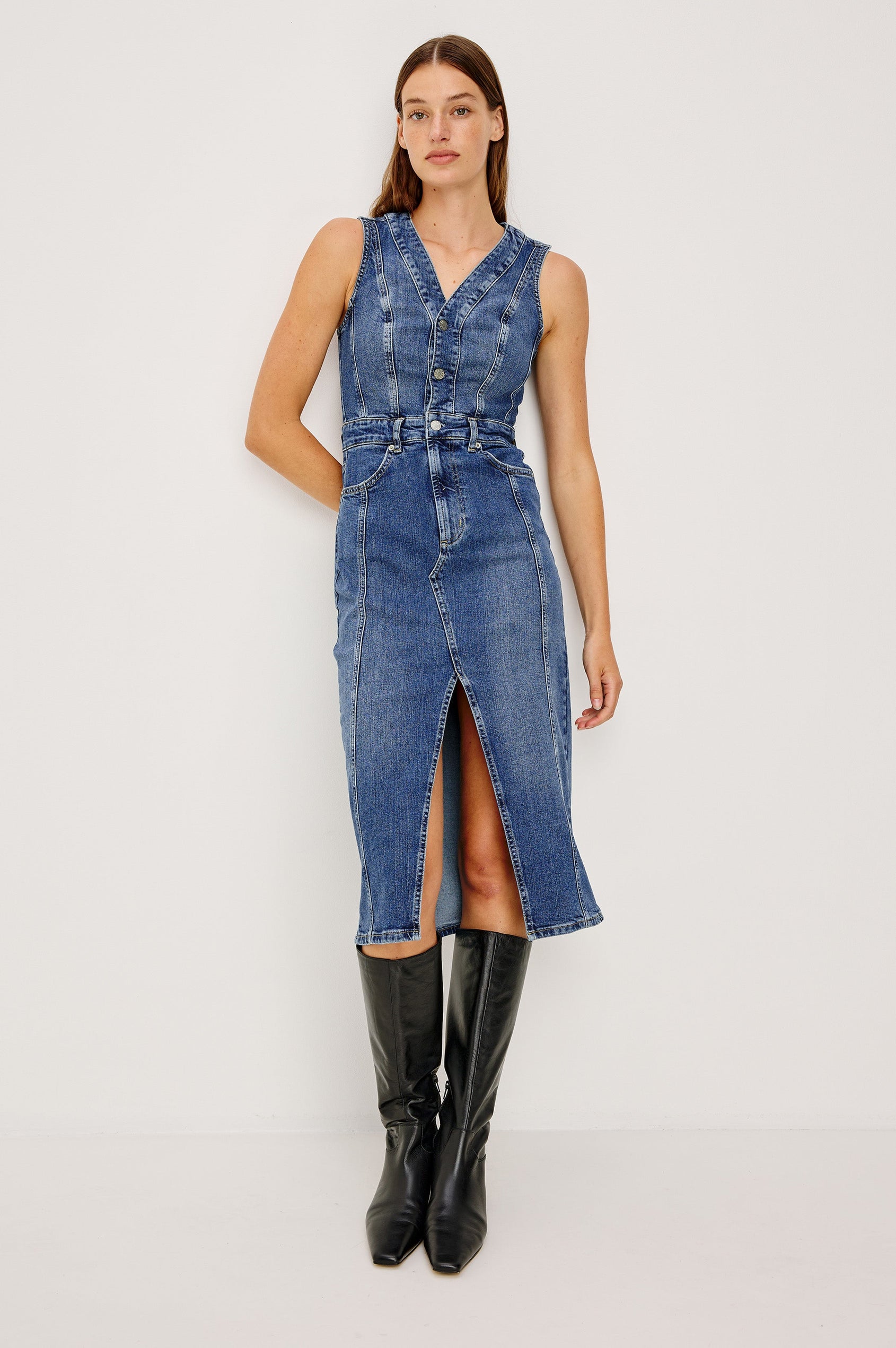 wood wood denim dress V Neck Denim Maxi Dress