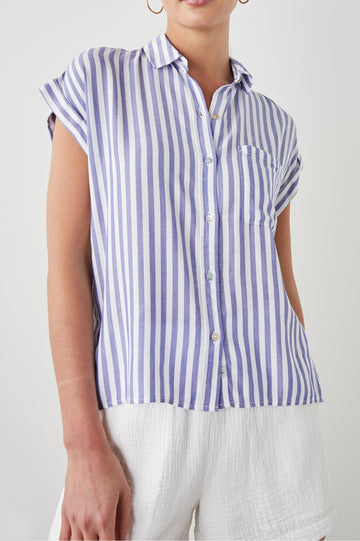 WHITNEY SHIRT BLUE WHITE STRIPE - FRONT UNTUCKED