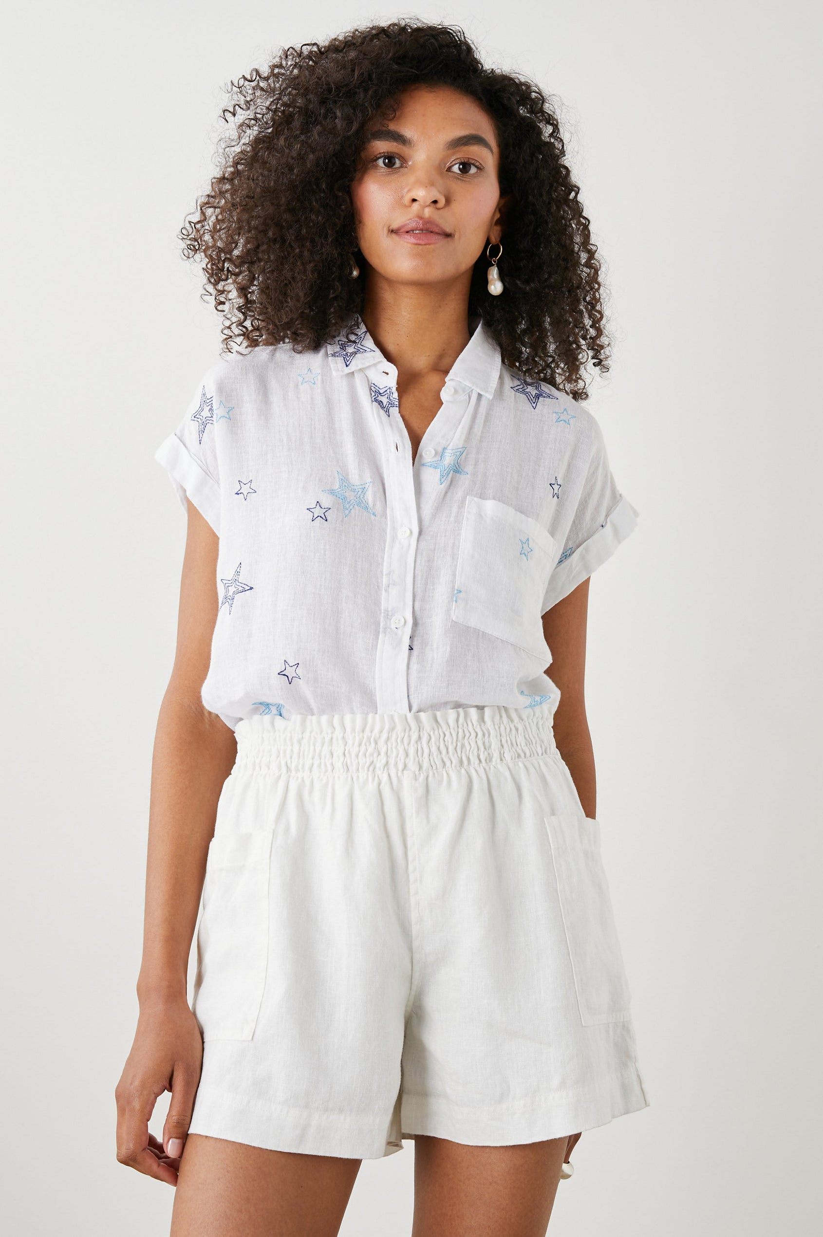 WHITNEY SHIRT NAVY STITCHED STARS - FRONT TUCKED IN