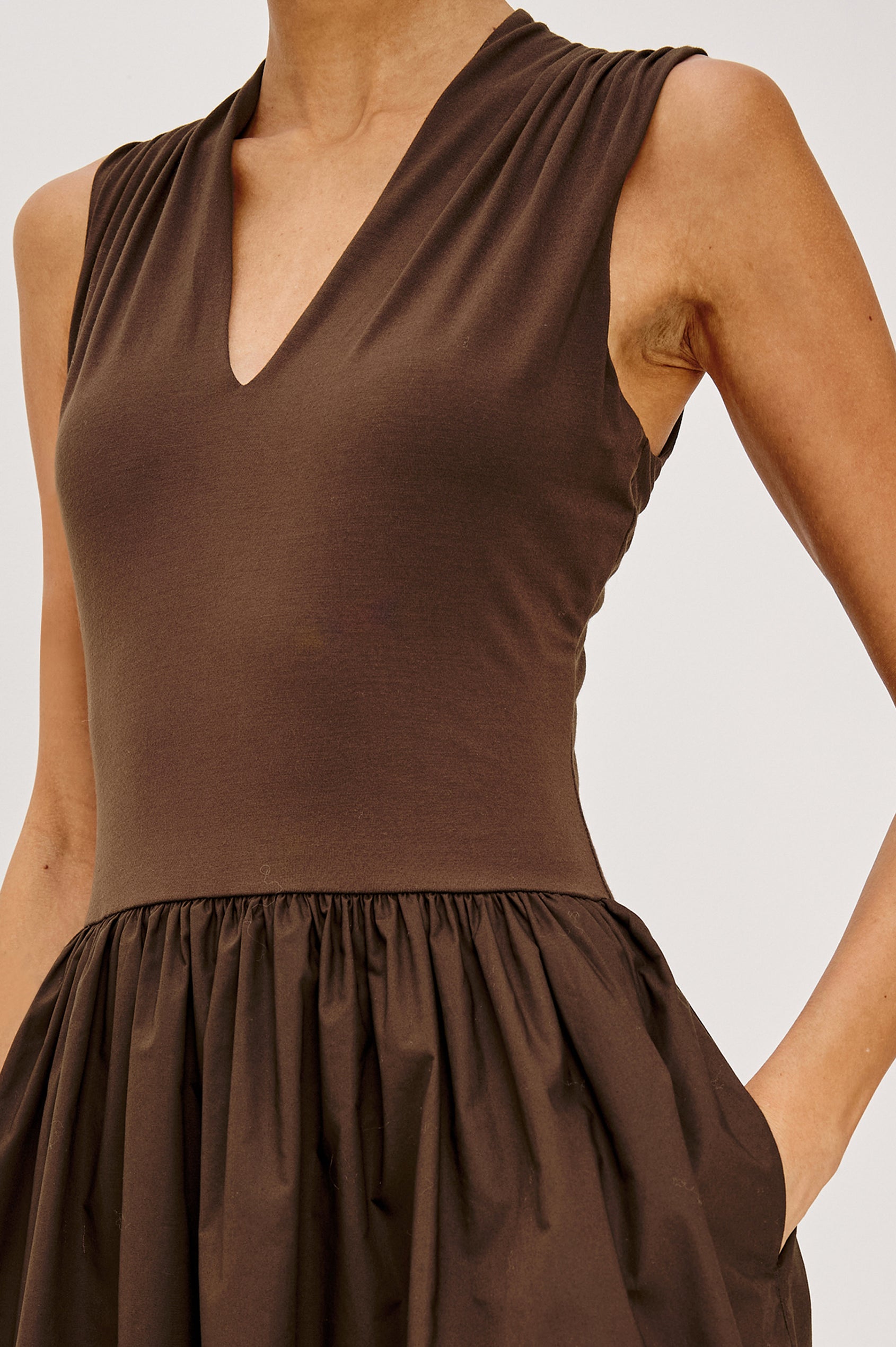 Winnie Midi Dress With Jersey Bodice, Cotton Poplin Skirt, Gathered Shoulders, V-Neck, and Side Pockets in Espresso Colorway - Upper Body Front View Featured on Model