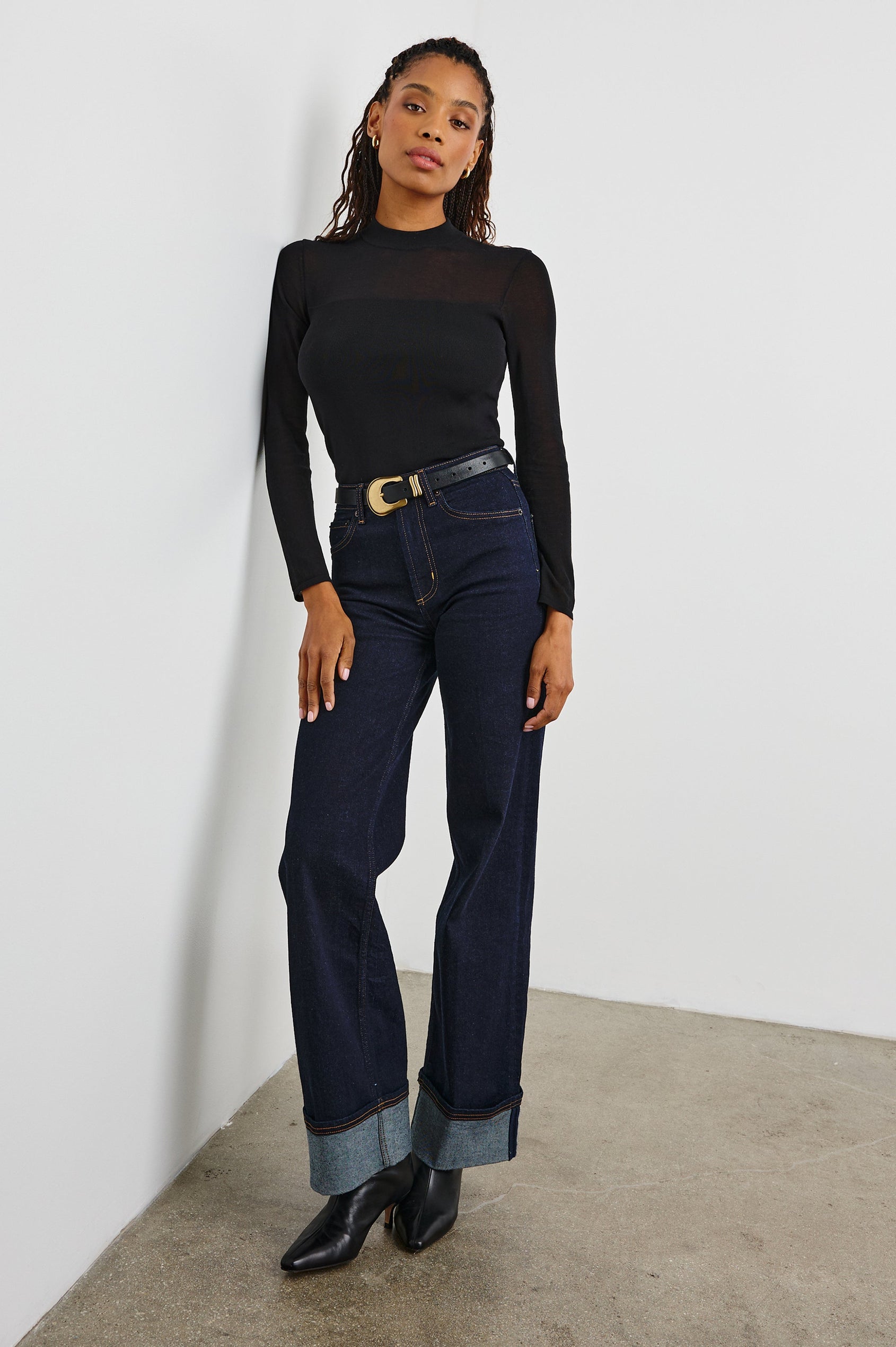 Winona Long-Sleeve Top with a Transparent Yoke and a Crew Neck in Black Colorway - Front Full Body View Featured on Model