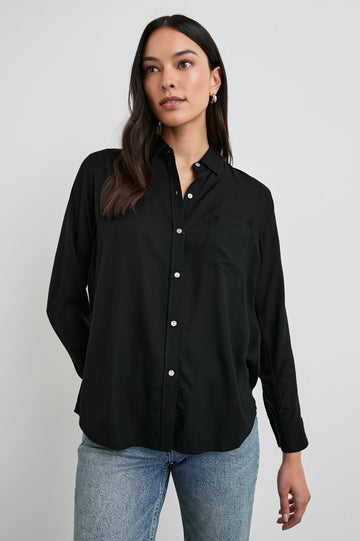 Wren Long-Sleeve Button Up with Chest Patch Pocket in Black Colorway - Front View Featured on Model