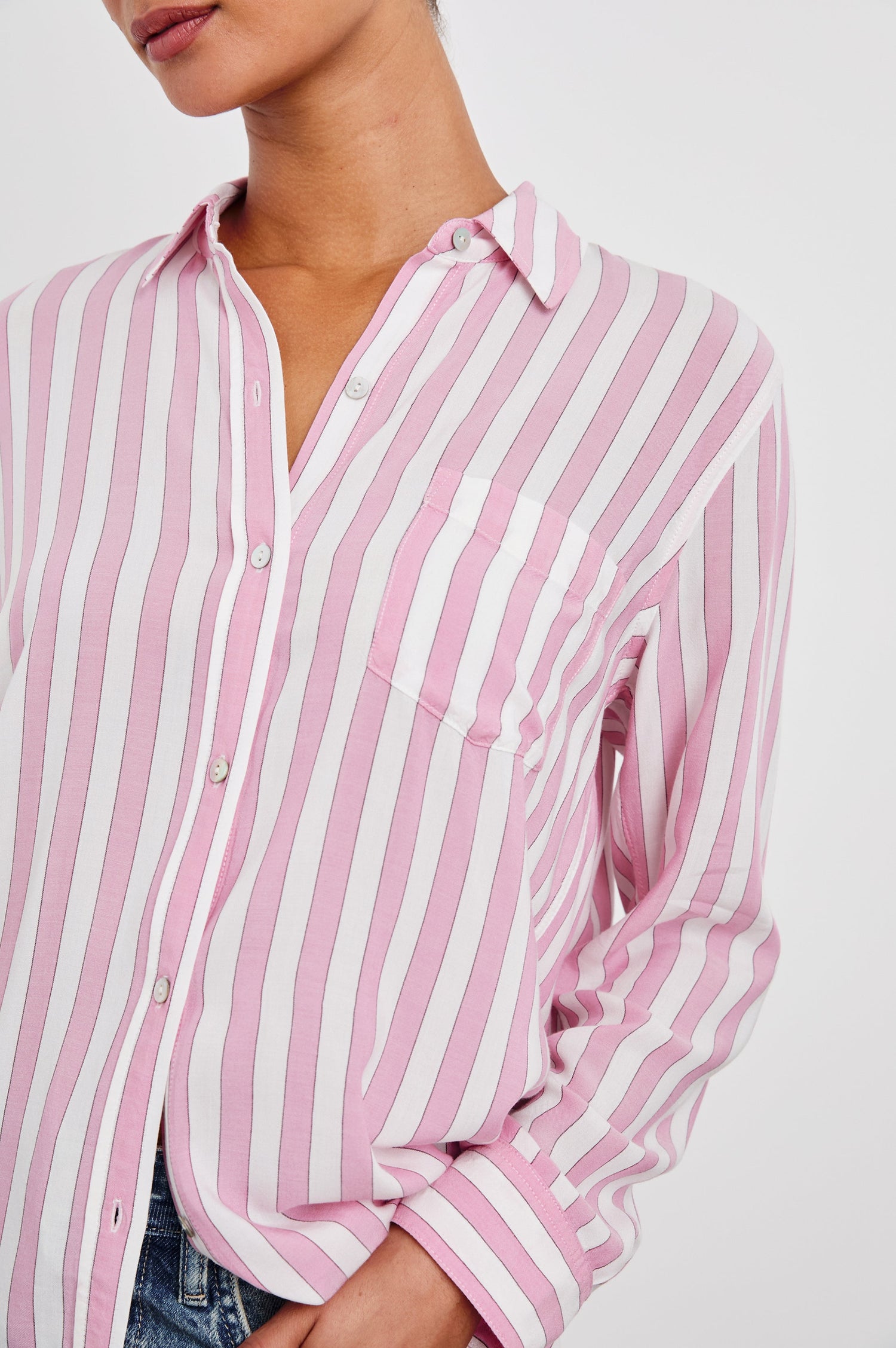 Wren Long-Sleeve Button Up with Chest Patch Pocket in Rose Bloom Stripe Colorway, Rose and White Vertical Stripes - Front View Featured on Model