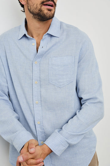Wyatt Long-Sleeve Button Up with a Chest Patch Pocket in Blue Melange Colorway - Front View Featured on Model