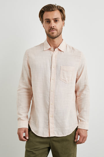 Wyatt Long-Sleeve Button Up with a Chest Patch Pocket in Ebi Colorway - Front View Featured on Model