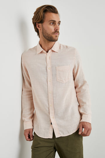 Wyatt Long-Sleeve Button Up with a Chest Patch Pocket in Ebi Colorway - Front View Featured on Model