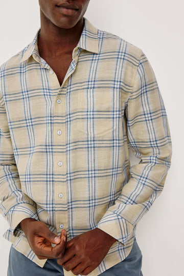 Wyatt Button Front Collared Shirt With Long Sleeves and Single Chest Pocket in Horizon Silvermist Colorway - Upper Body Front Detail View Featured on Model