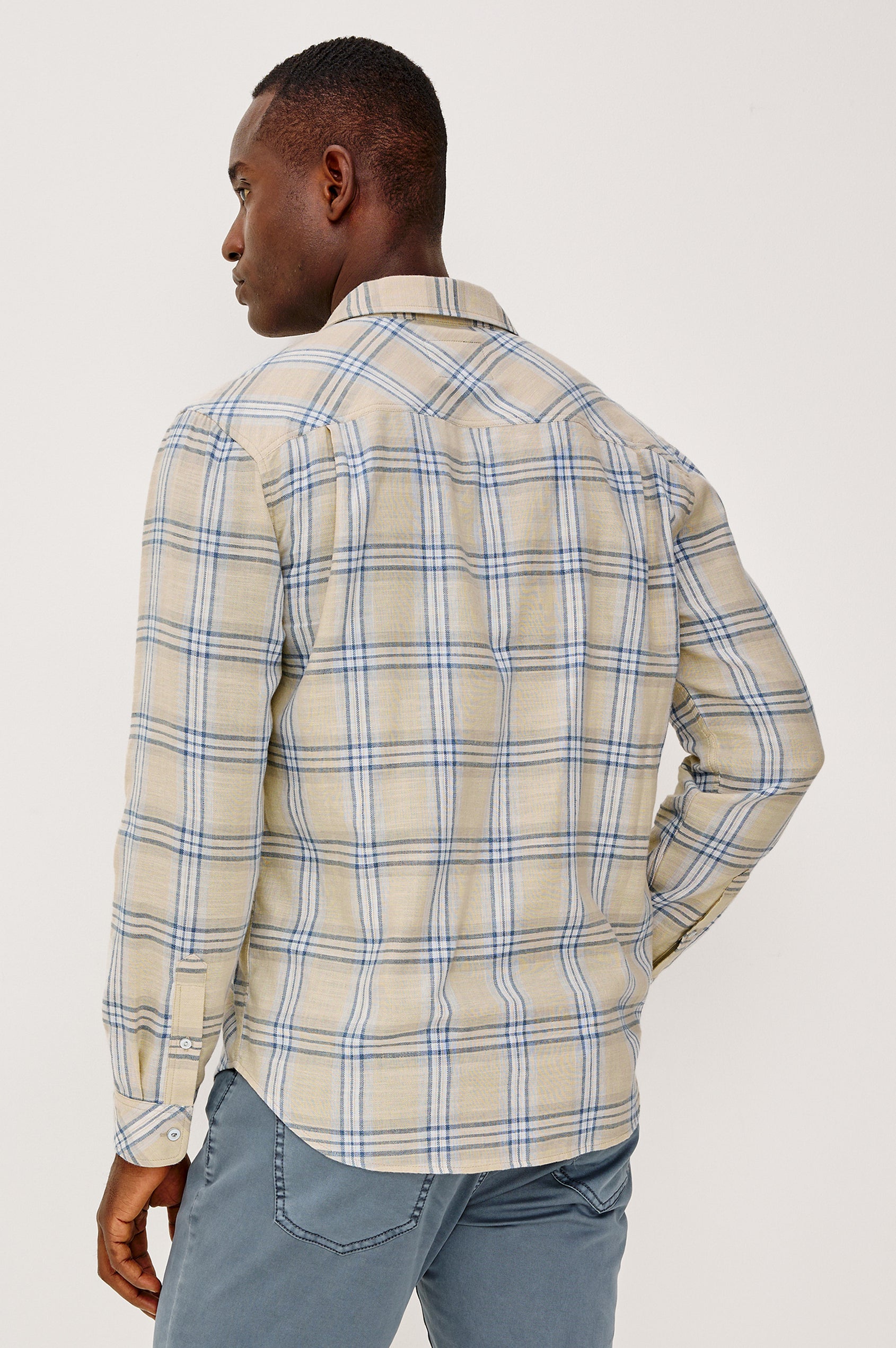 Wyatt Button Front Collared Shirt With Long Sleeves and Single Chest Pocket in Horizon Silvermist Colorway - Upper Body Back View Featured on Model