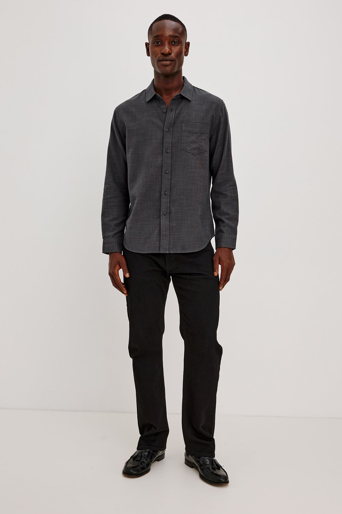 Wyatt Shirt in Cotton Slub Plainweave With Classic Fit, Collar, Button Front, Chest Patch Pocket, Long Sleeves, Shirttail Hem in Midnight Etch Colorway - Full Body Front View Featured on Model