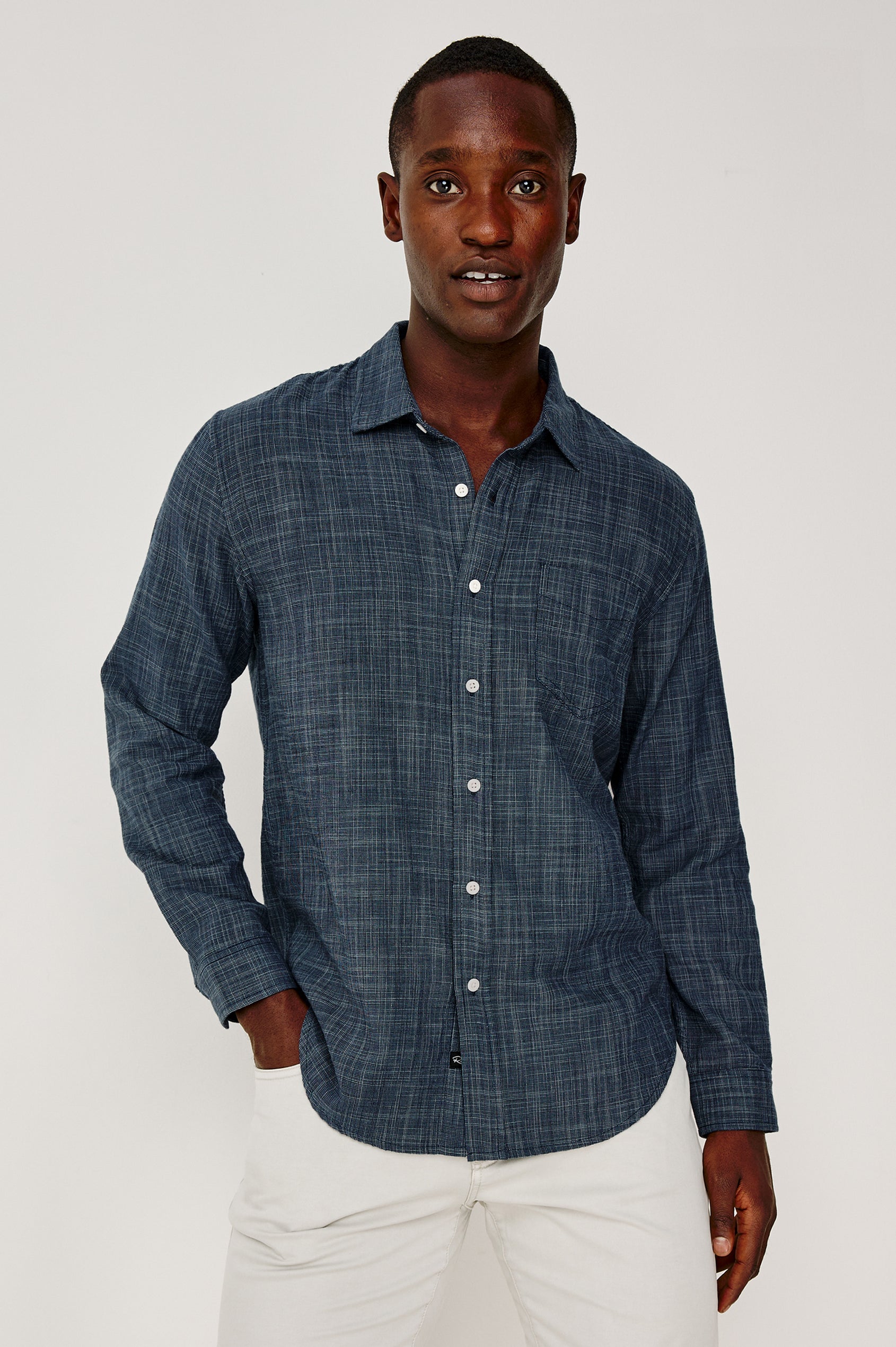 Wyatt Button Front Collared Shirt With Long Sleeves and Single Chest Pocket in Horizon Silvermist Colorway - Upper Body Front View Featured on Model