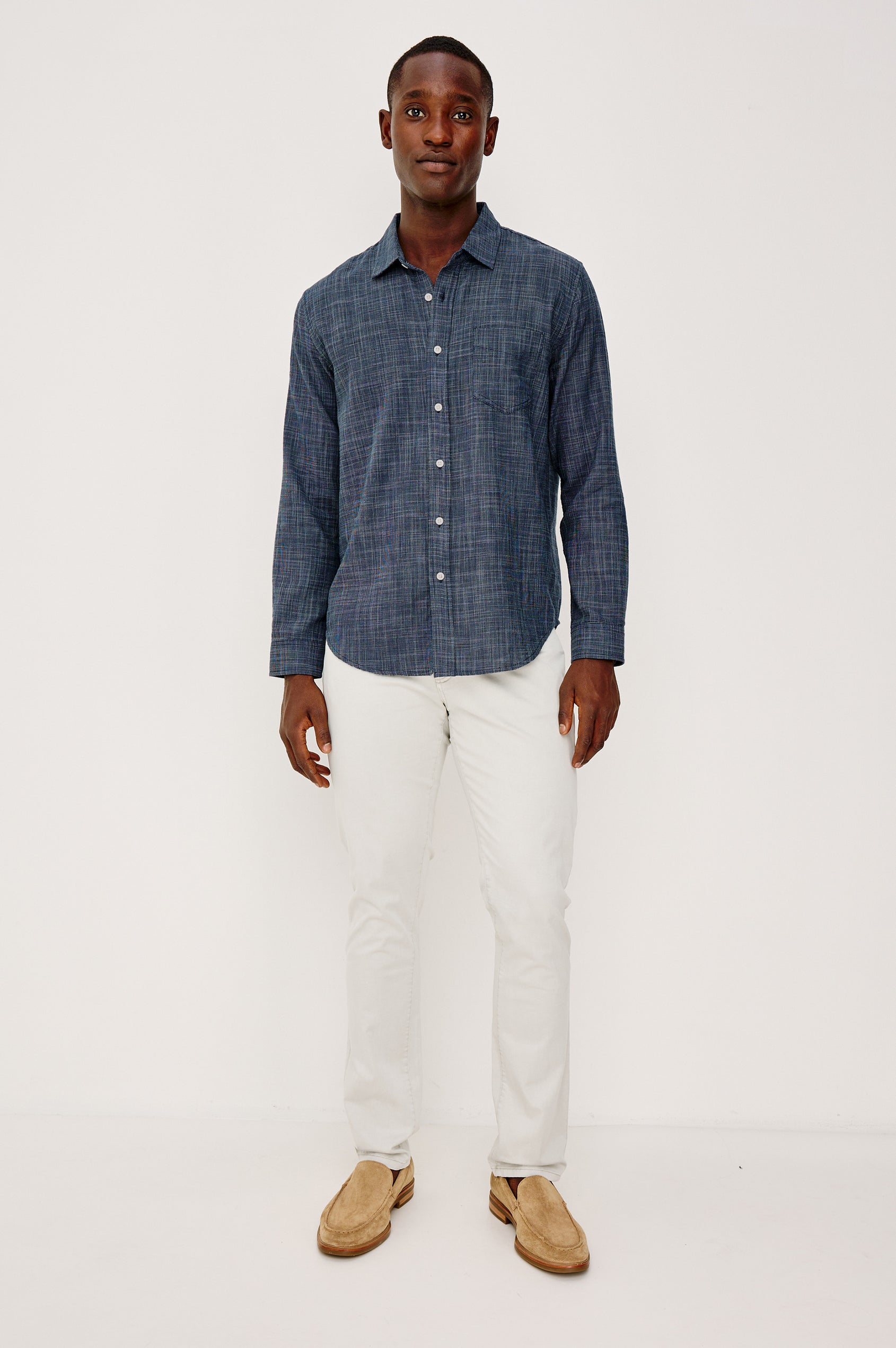 Wyatt Button Front Collared Shirt With Long Sleeves and Single Chest Pocket in Horizon Silvermist Colorway - Full Body Front View Featured on Model