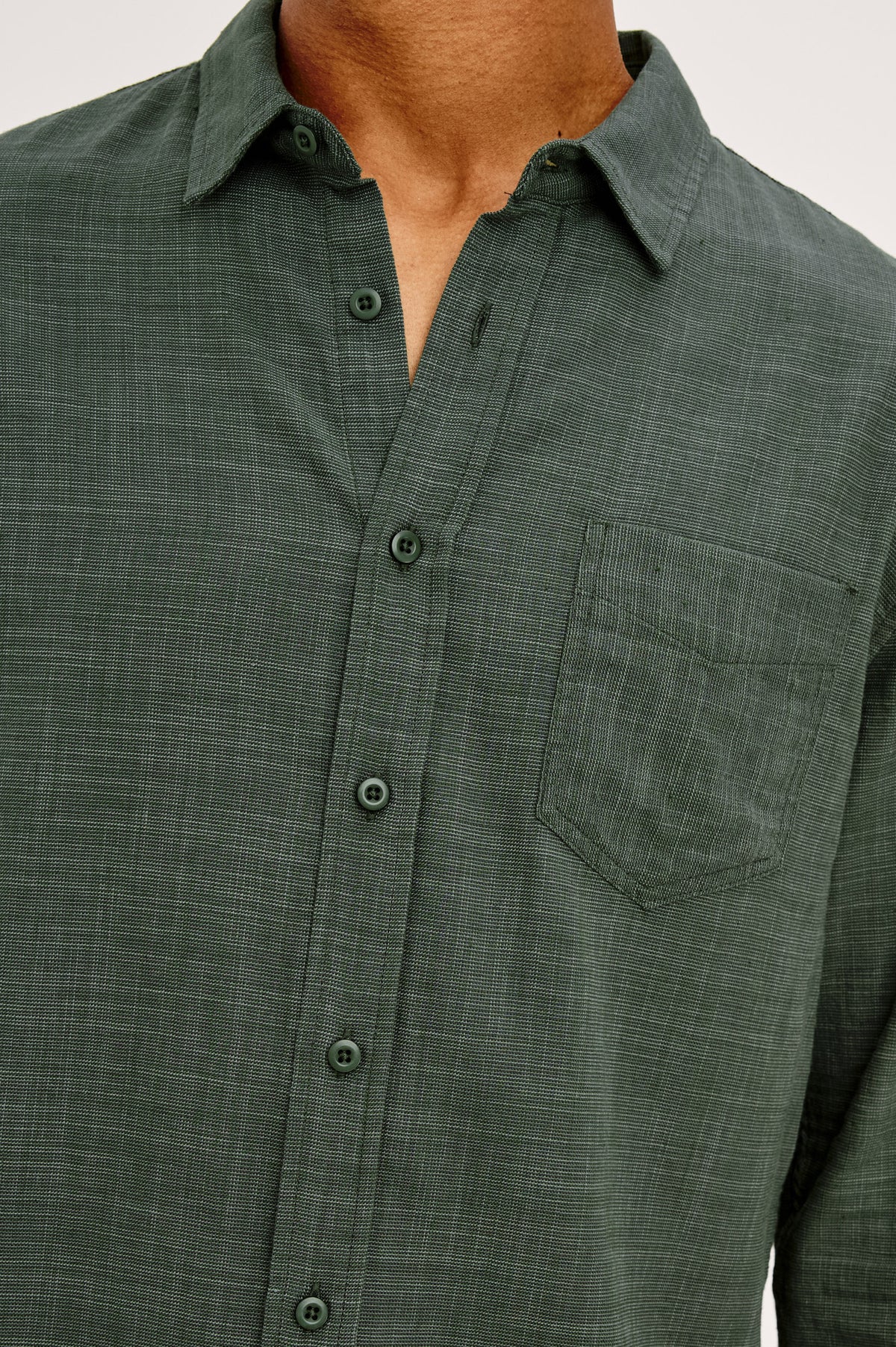 Wyatt Shirt in Cotton Slub Plainweave With Classic Fit, Collar, Button Front, Chest Patch Pocket, Long Sleeves, Shirttail Hem in Pine Etch Colorway - Upper Body Front View Featured on Model