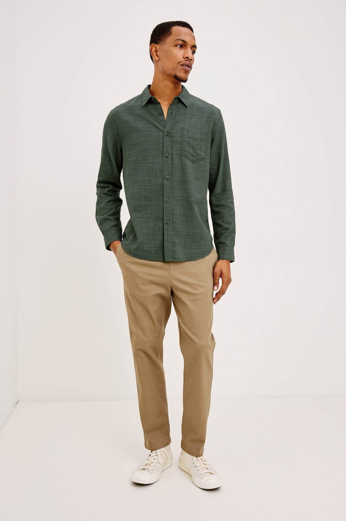 Wyatt Shirt in Cotton Slub Plainweave With Classic Fit, Collar, Button Front, Chest Patch Pocket, Long Sleeves, Shirttail Hem in Pine Etch Colorway - Full Body Front View Featured on Model