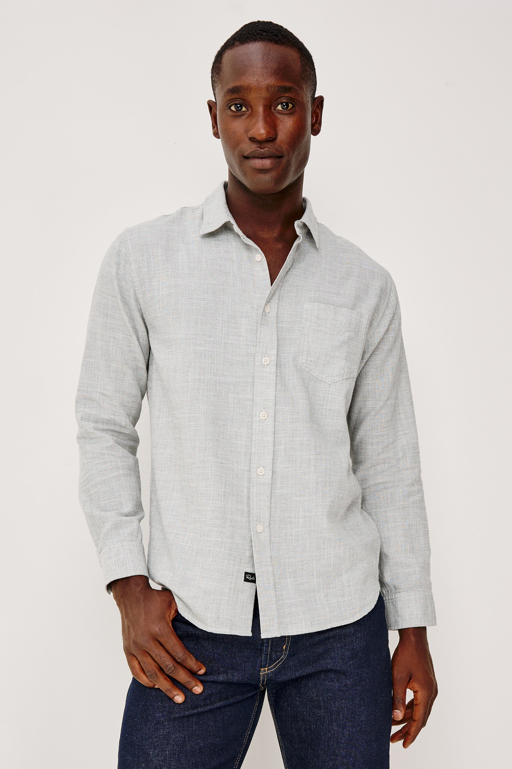 Wyatt Button Front Collared Shirt With Long Sleeves and Single Chest Pocket in Platinum Etch Colorway - Upper Body Front View Featured on Model