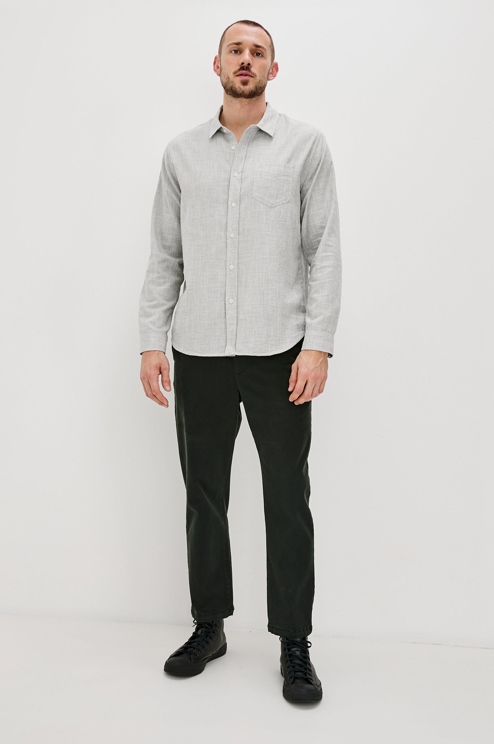 Wyatt Long-Sleeve Button Up with a Chest Patch Pocket in Platinum Etch Colorway - Front Full Body View Featured on Model