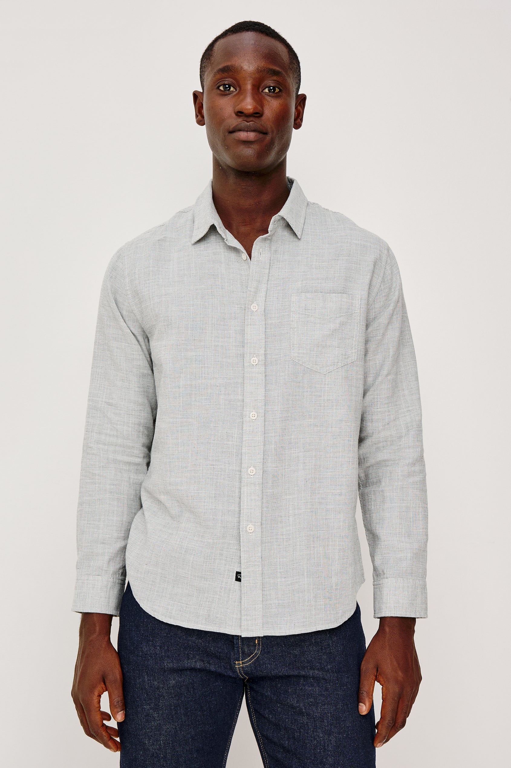 Wyatt Button Front Collared Shirt With Long Sleeves and Single Chest Pocket in Platinum Etch Colorway - Upper Body Front View Featured on Model