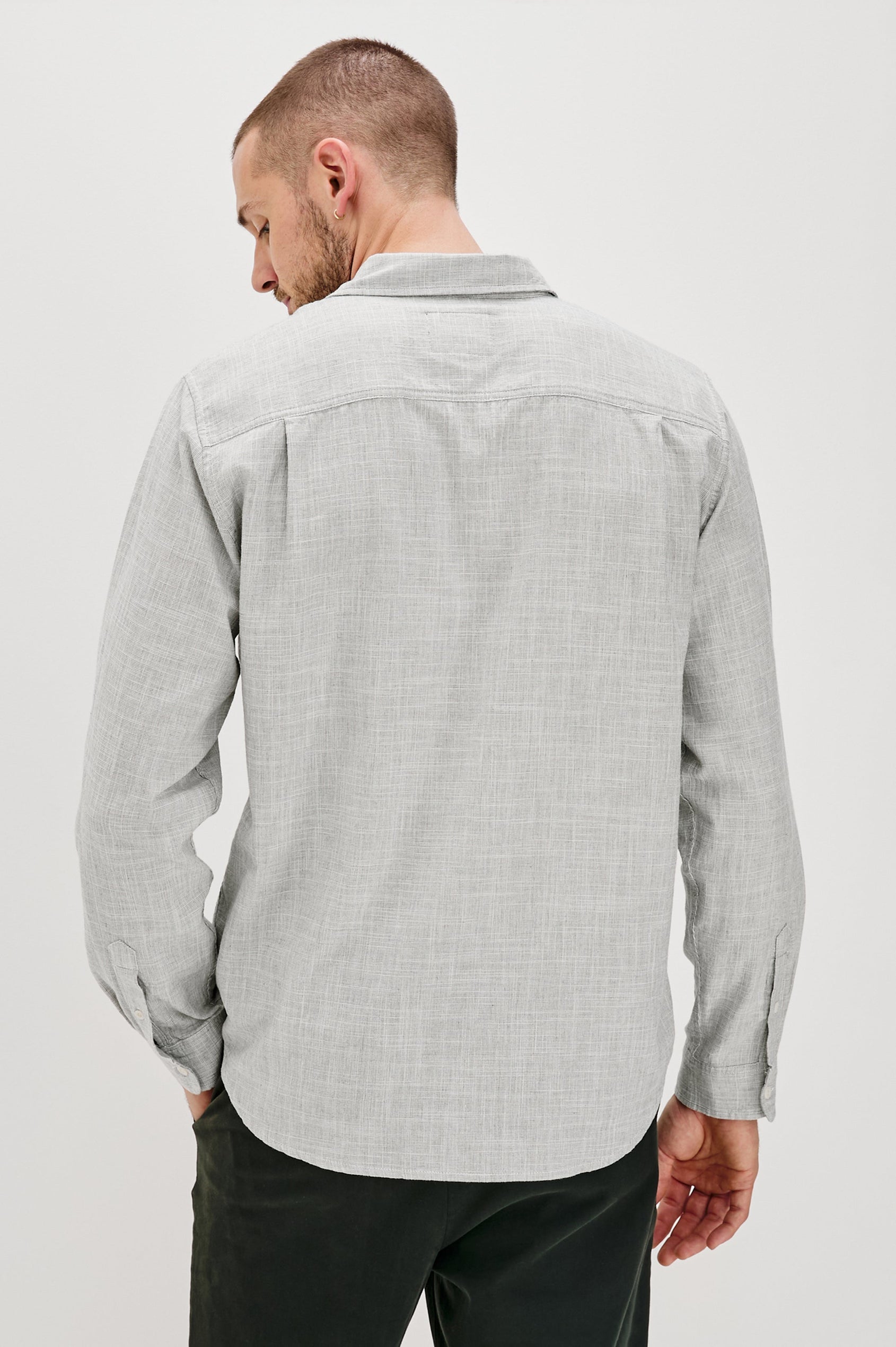 Wyatt Long-Sleeve Button Up with a Chest Patch Pocket in Platinum Etch Colorway - Back View Featured on Model