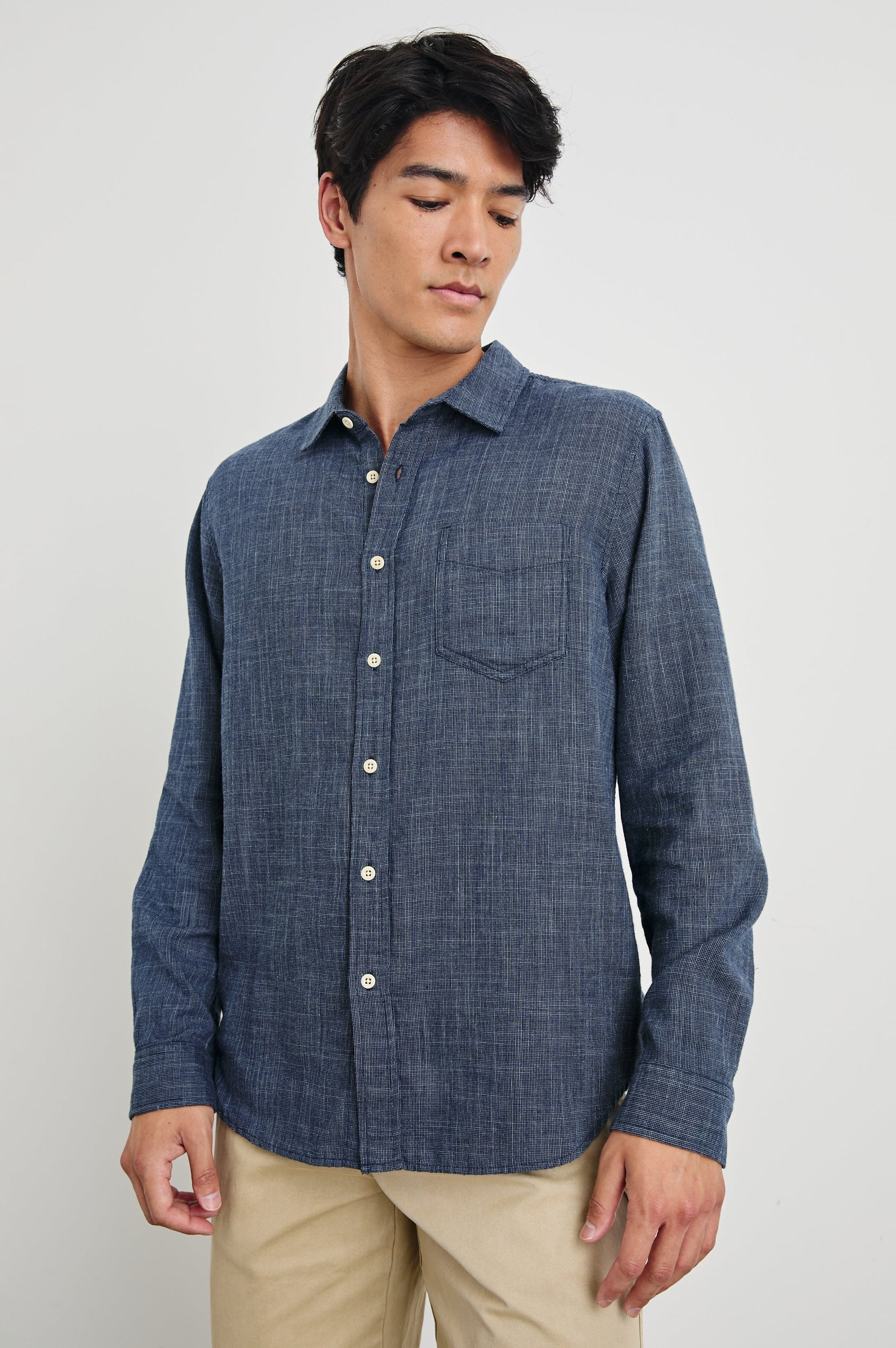 Wyatt Long-Sleeve Button Up with a Chest Patch Pocket in Navy Etch Colorway - Front View Featured on Model