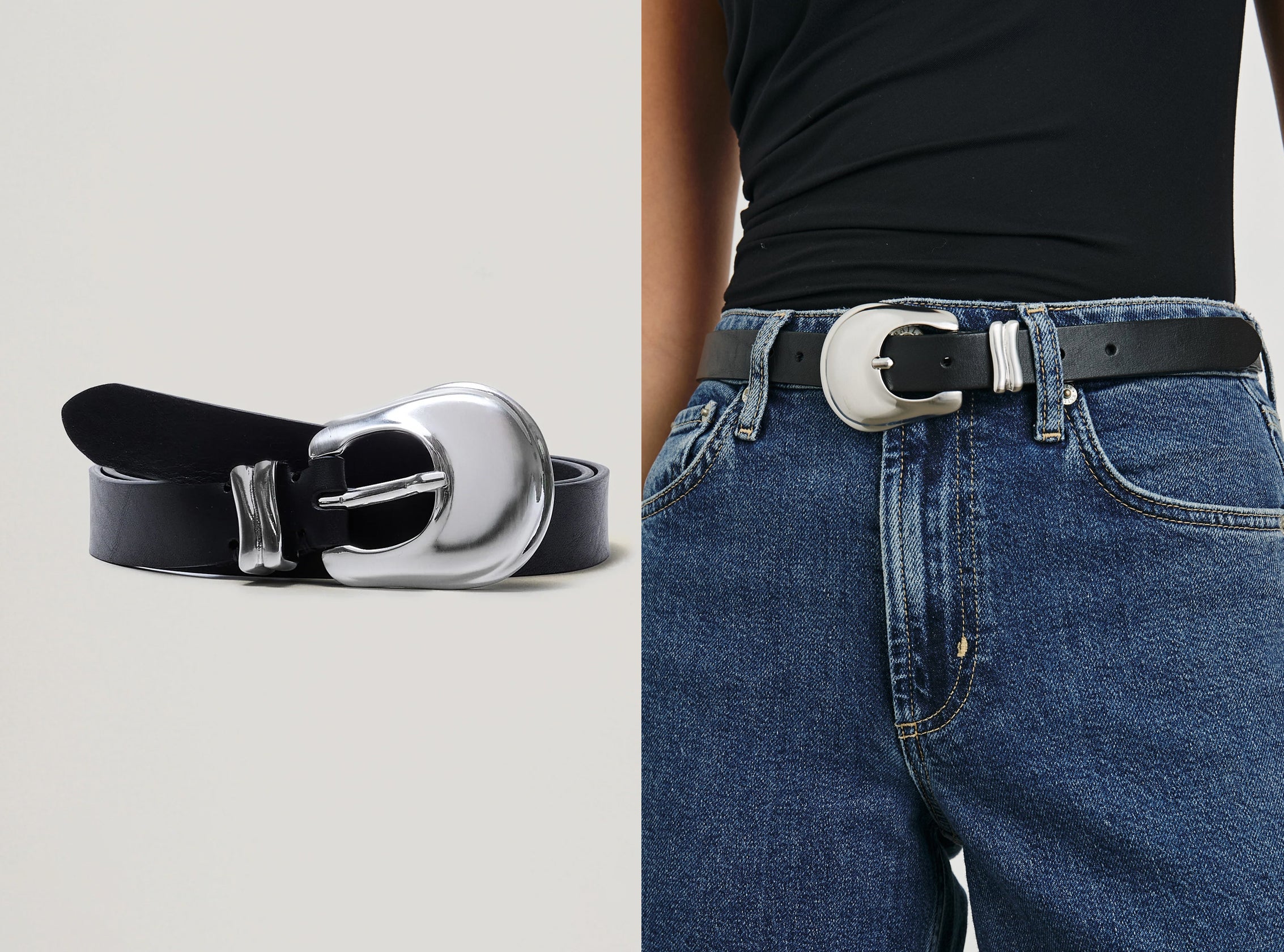 A black leather belt with a large silver-tone buckle, shown both as a standalone product on a light gray background and worn around a model's waist with blue jeans and a black top.