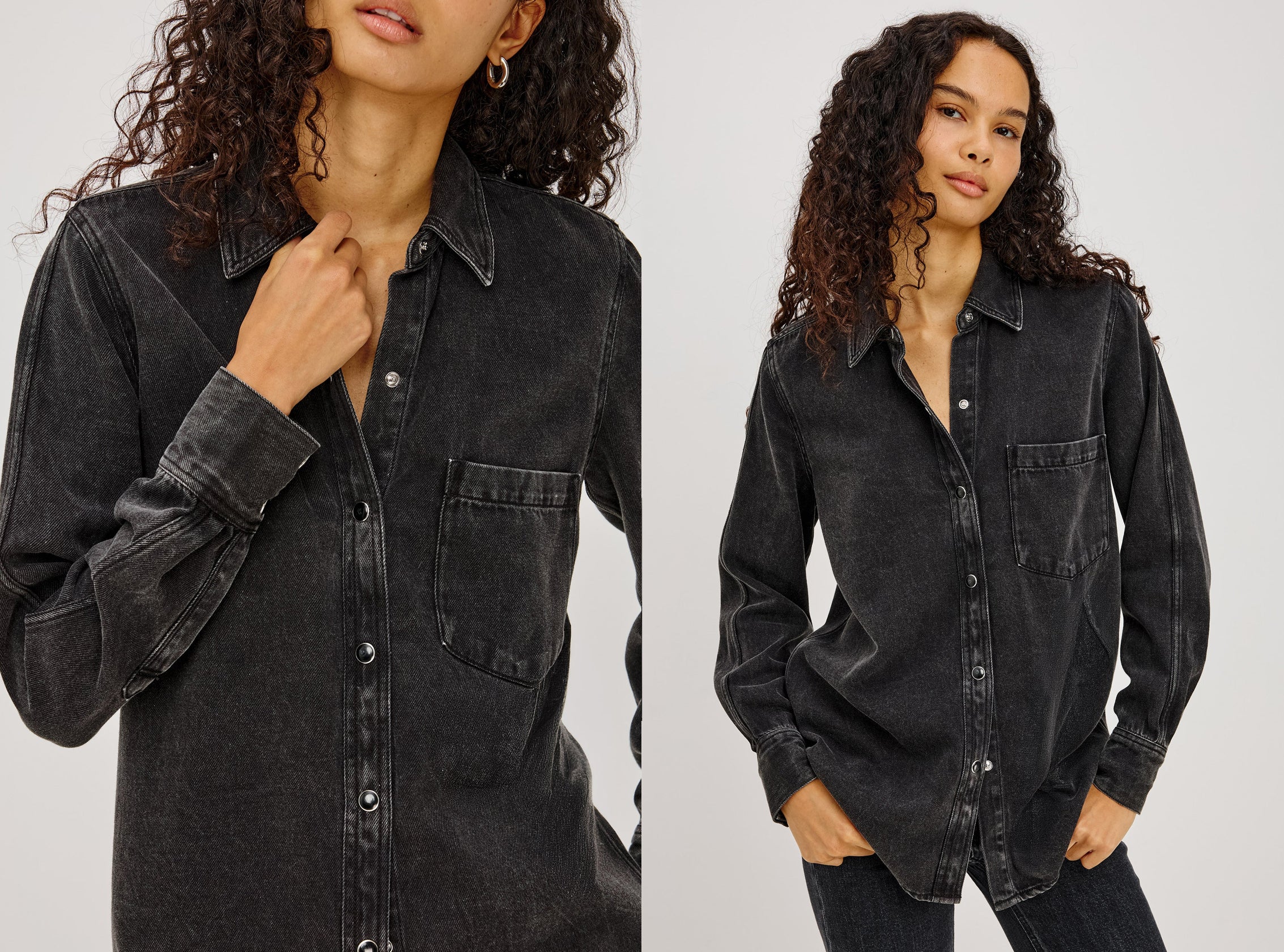 A model wearing a washed black button-up shirt with a collar, long sleeves, and two chest pockets, shown in a split-screen front and back view against a light gray background.