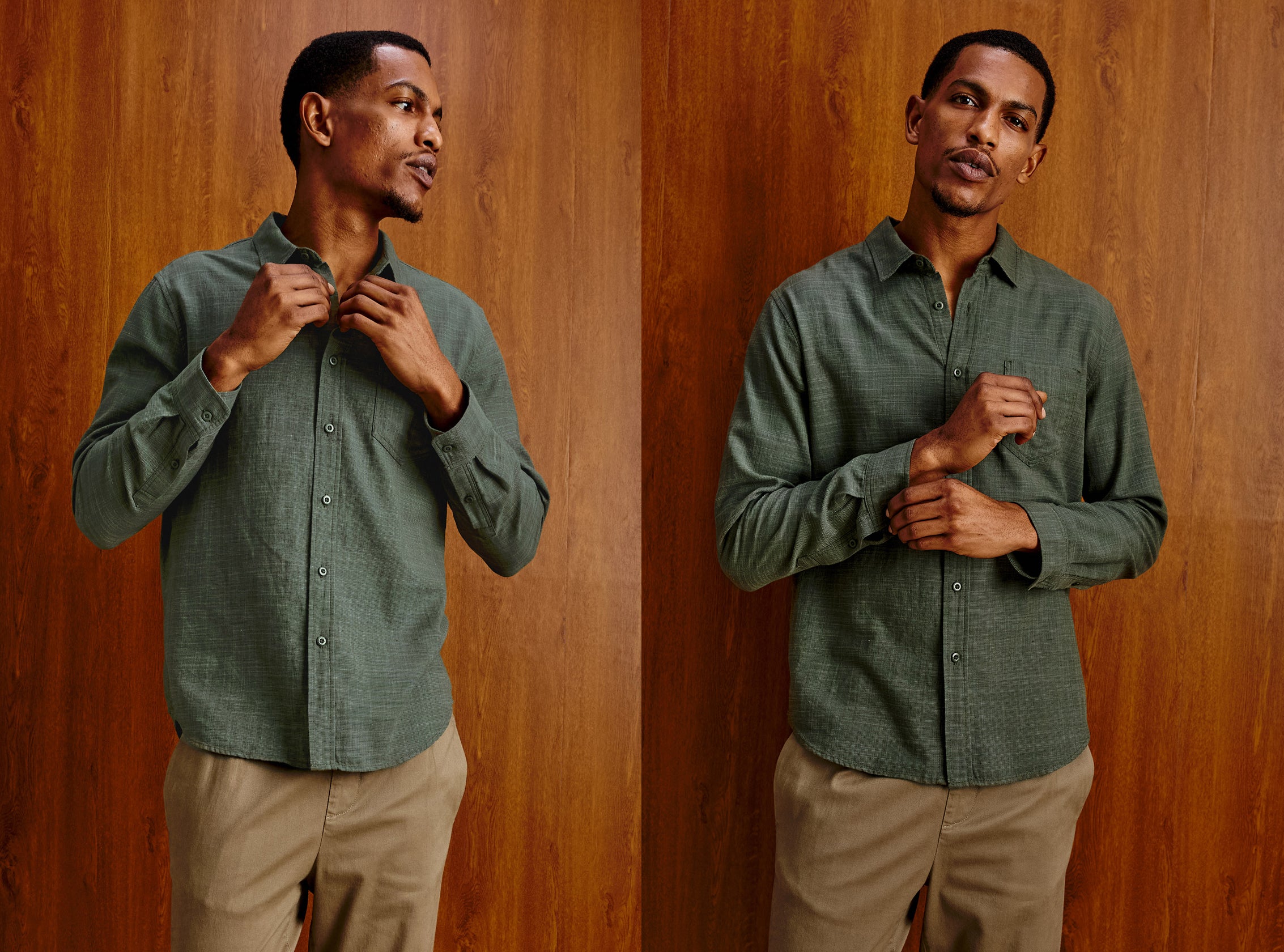 A man modeling a long-sleeve button-up shirt in a muted sage green color, shown in a split-screen portrait against a warm wood-paneled background.