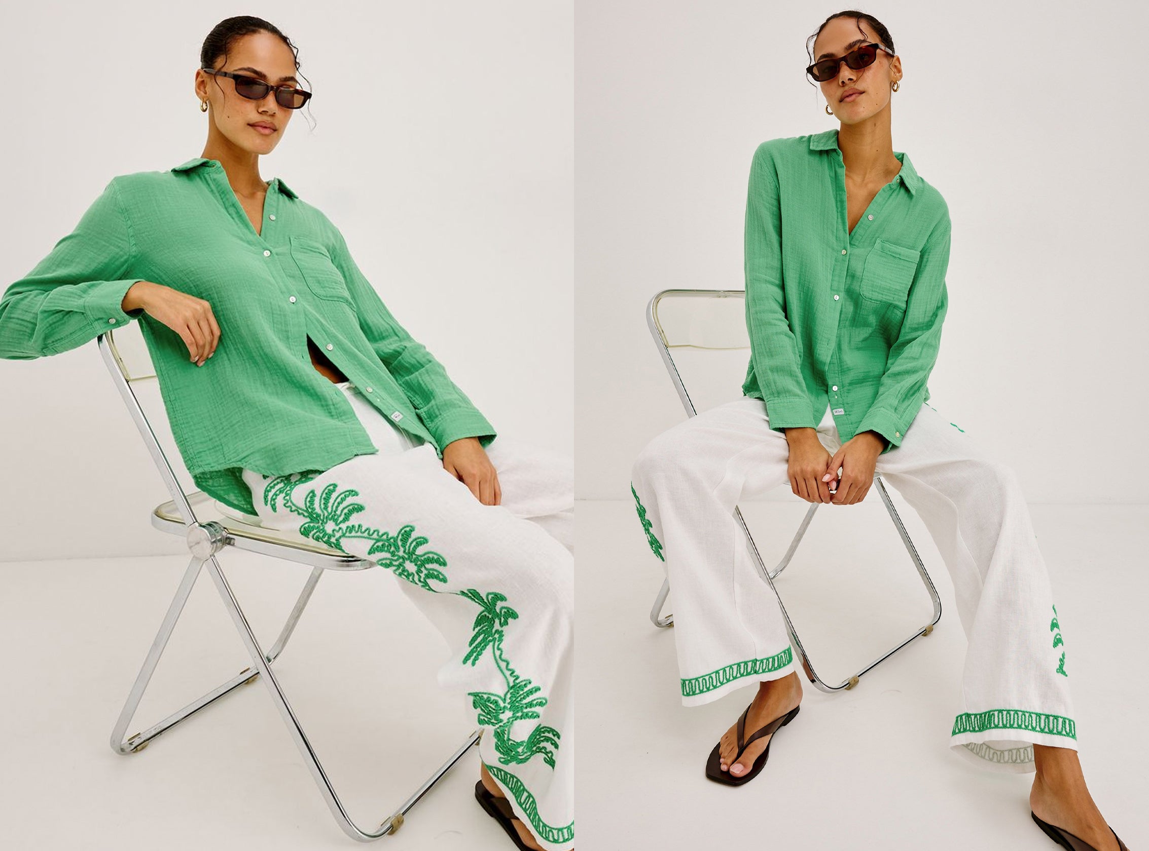 Woman wearing a green shirt and white pants with green embroidery