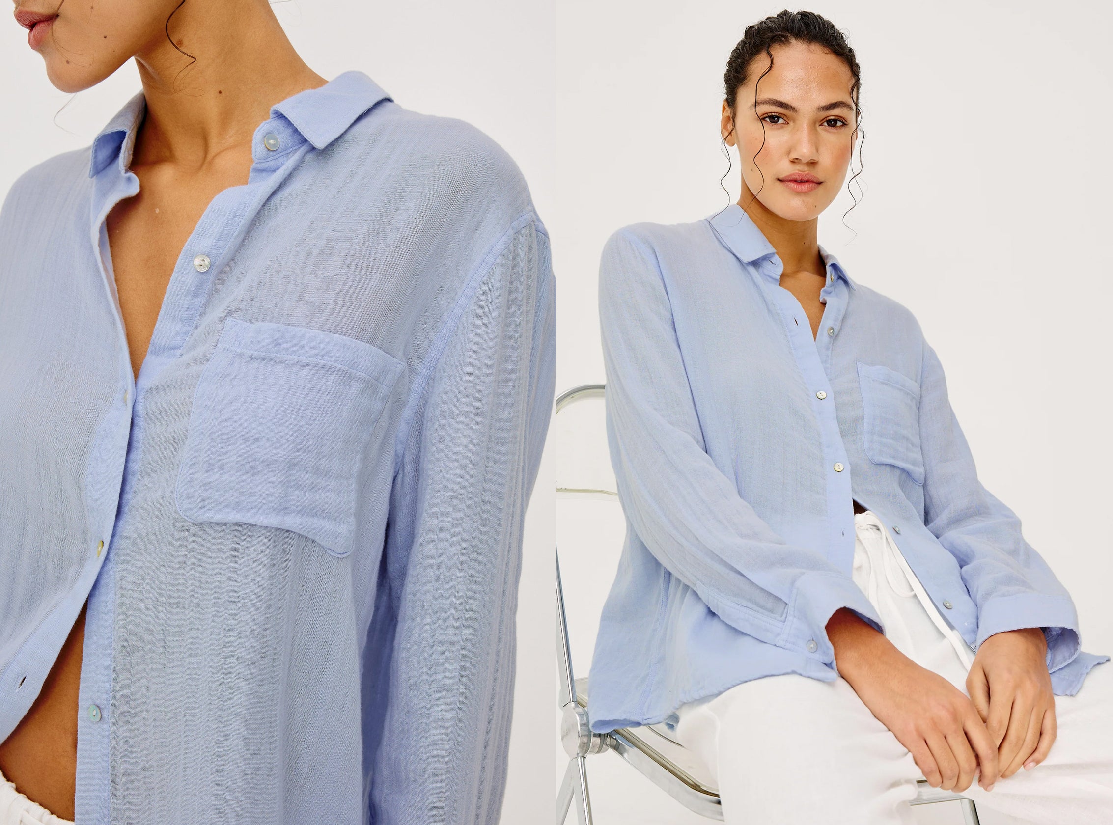 Woman wearing a light blue shirt with a close-up of the fabric on a white background