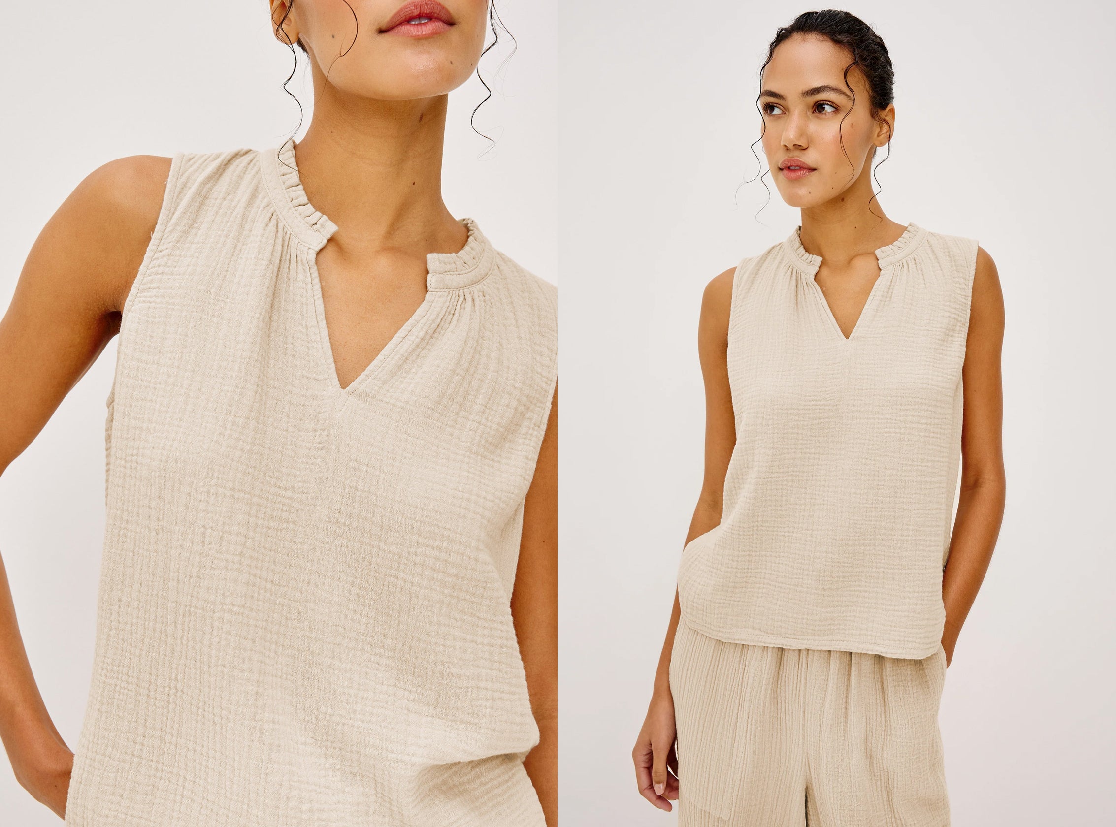 A woman modeling a sleeveless textured knit top in a warm off-white/cream color, shown in a split close-up and full-body view against a plain light background.