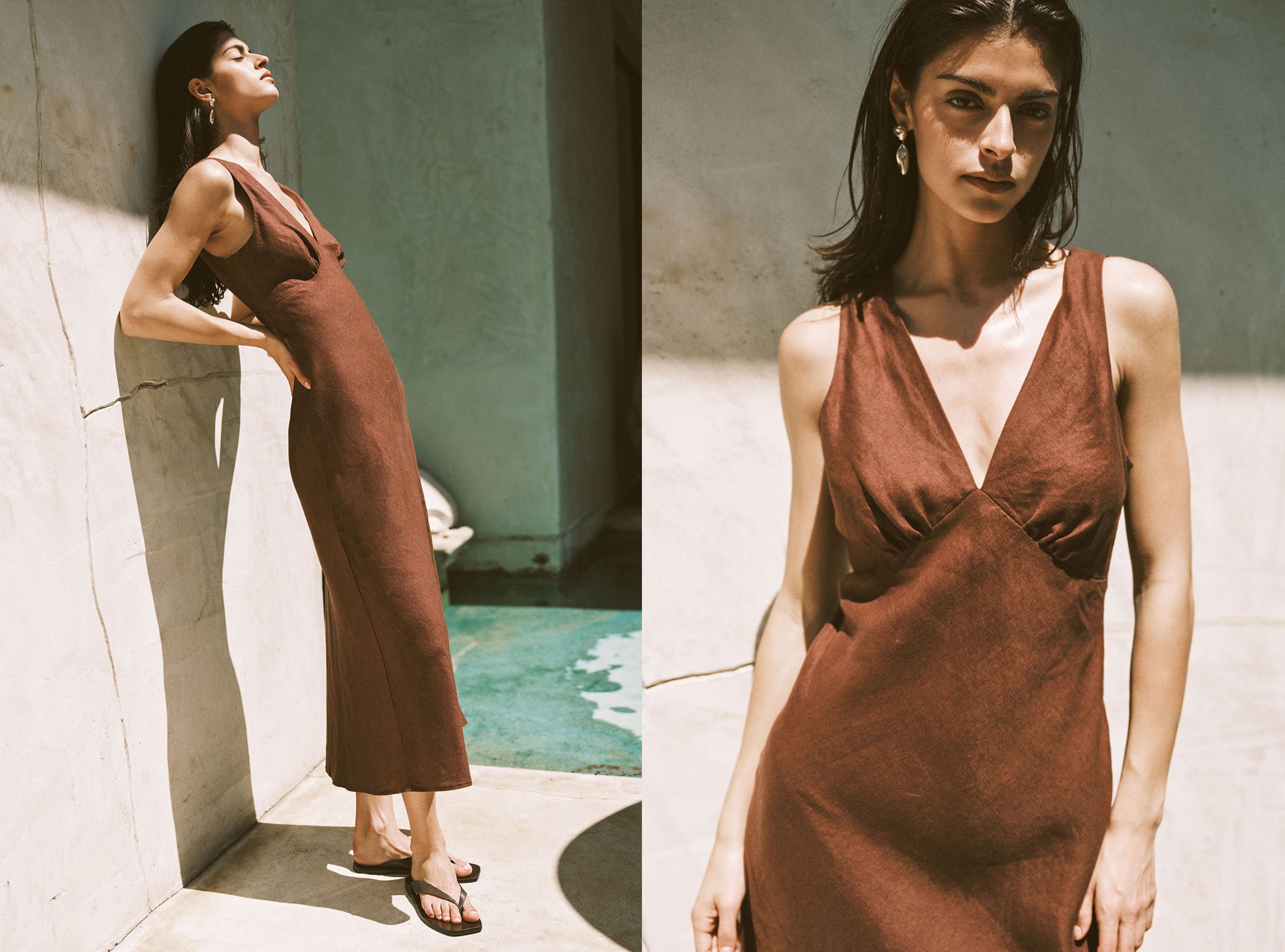 Woman in brown linen maxi dress standing by a pool