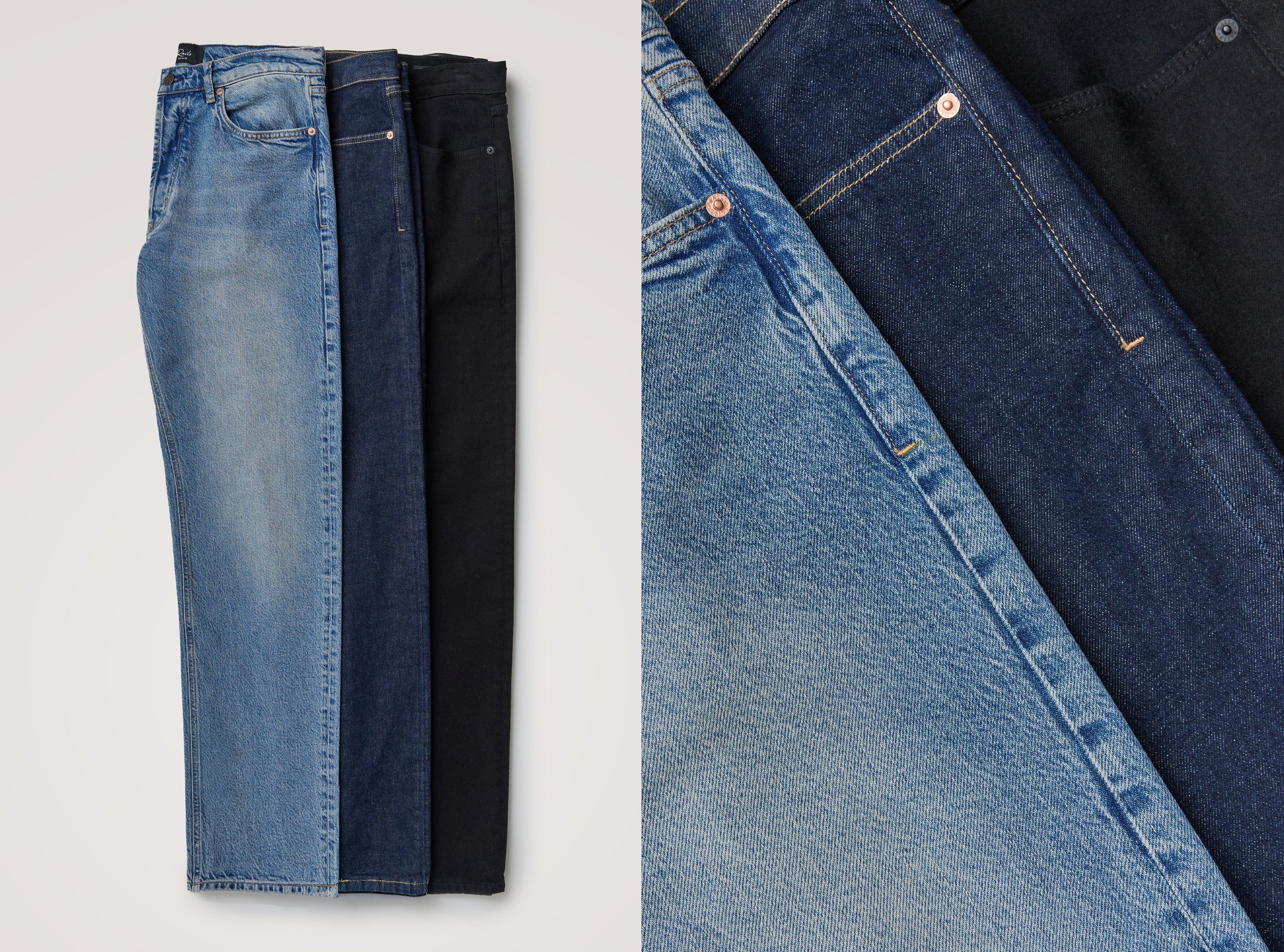 Three pairs of folded jeans shown side by side on a light gray background, with a close-up detail panel on the right showing fabric texture and stitching. The jeans are in light blue, dark blue, and black denim.