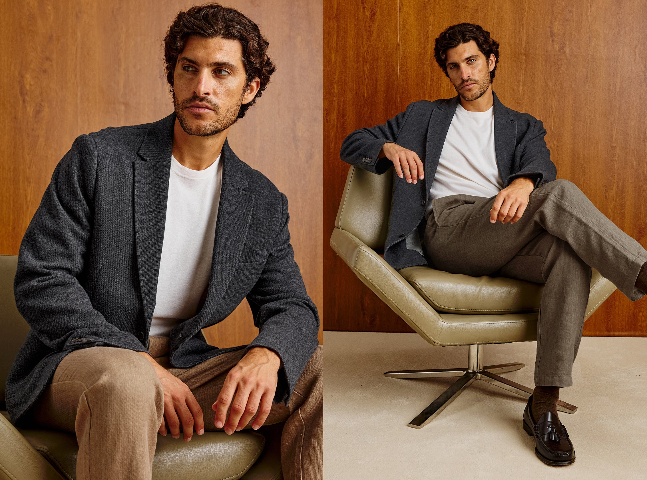 A split-screen lifestyle image showing a man wearing a dark gray textured blazer over a white t-shirt and beige trousers, posed in a modern setting with a wood-paneled wall and a light-colored swivel chair.