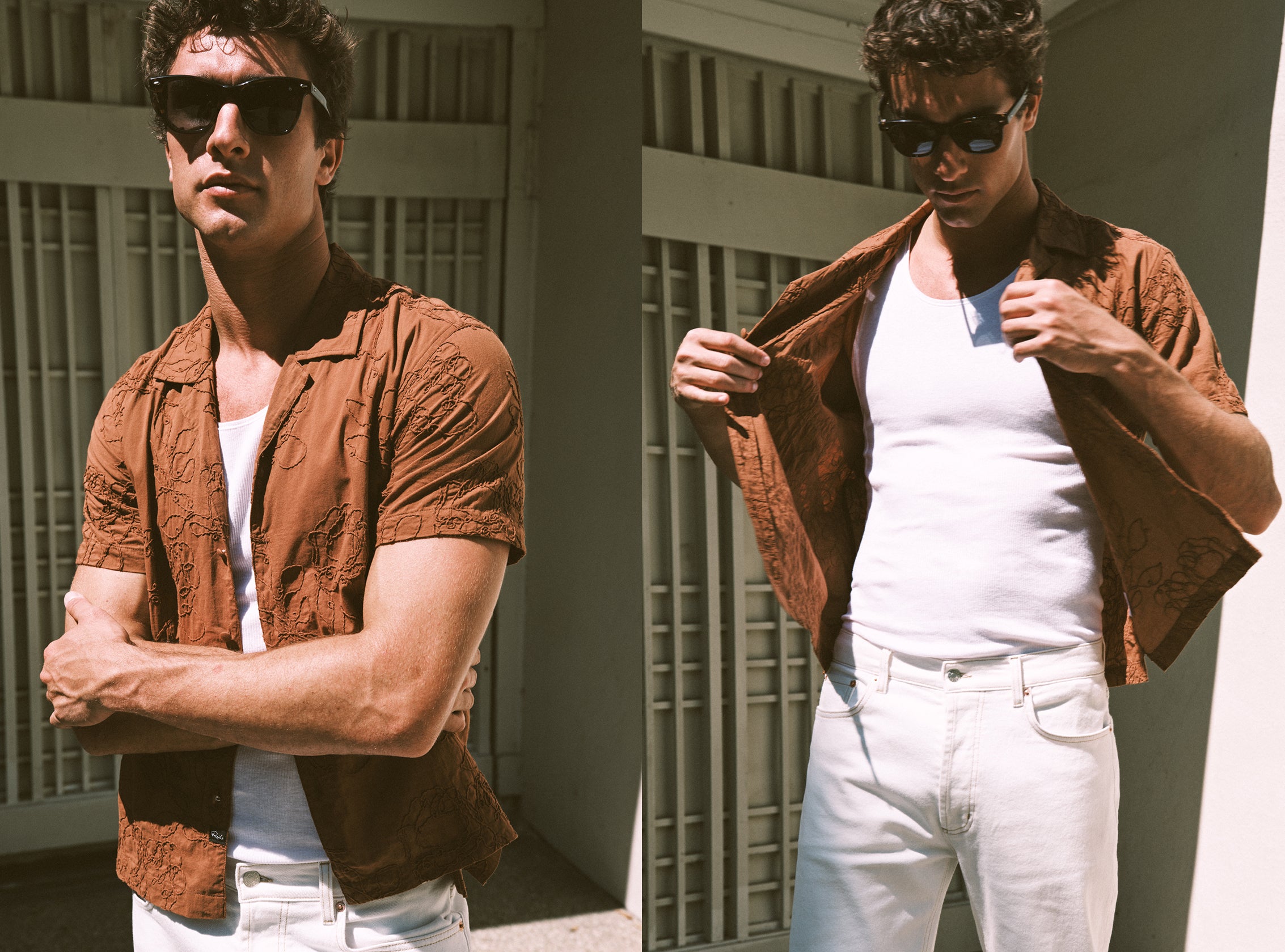 Man wearing a brown shirt with white pants and a white tank underneath