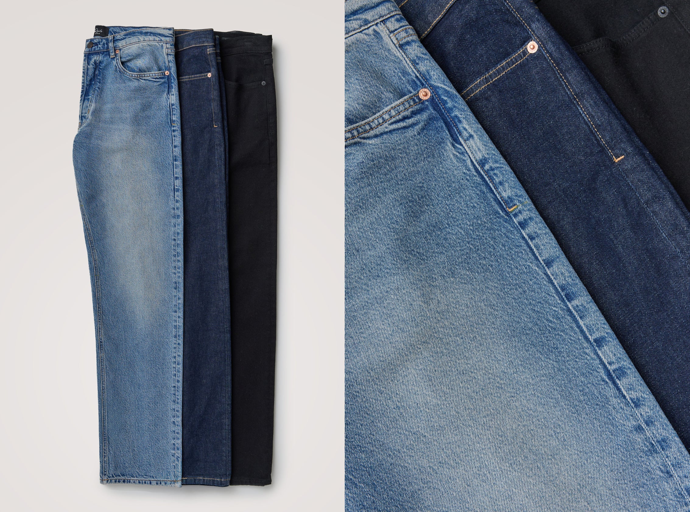 Three pairs of folded jeans displayed side by side on a light gray background, with a close-up detail panel on the right showing the fabric texture and pocket stitching of the blue denim.