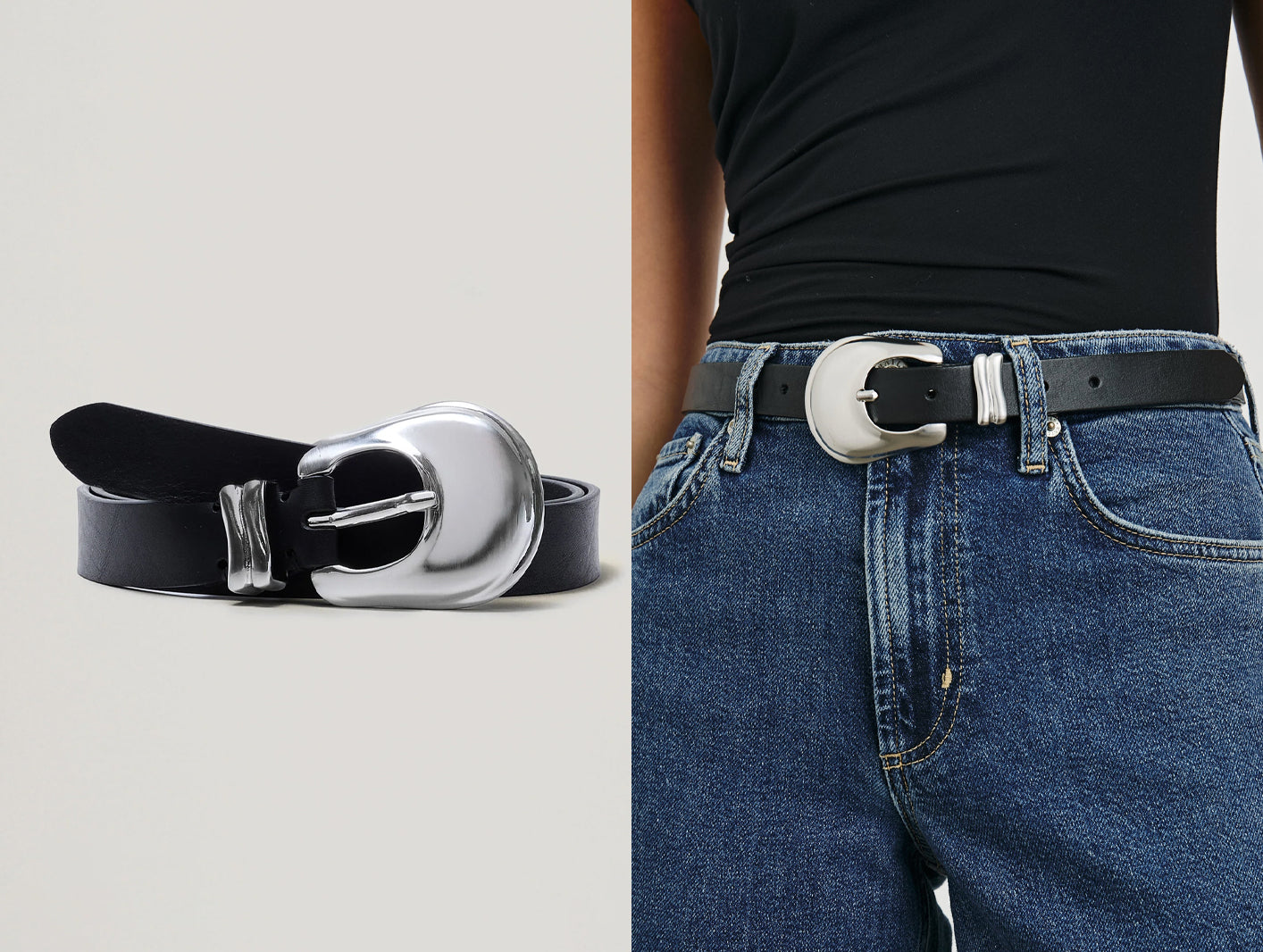 A black leather belt with a large silver-tone buckle, shown both as a standalone product on a light gray background and worn around a model's waist with blue jeans and a black top.