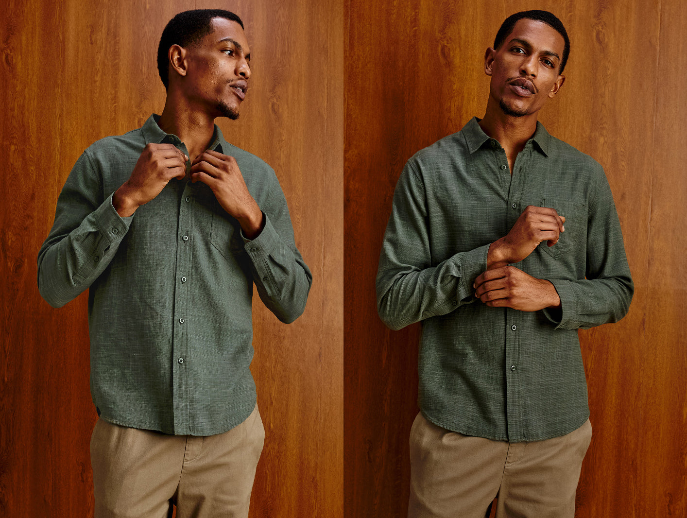 A man modeling a long-sleeve button-up shirt in a muted sage green color, shown in a split-screen portrait against a warm wood-paneled background.