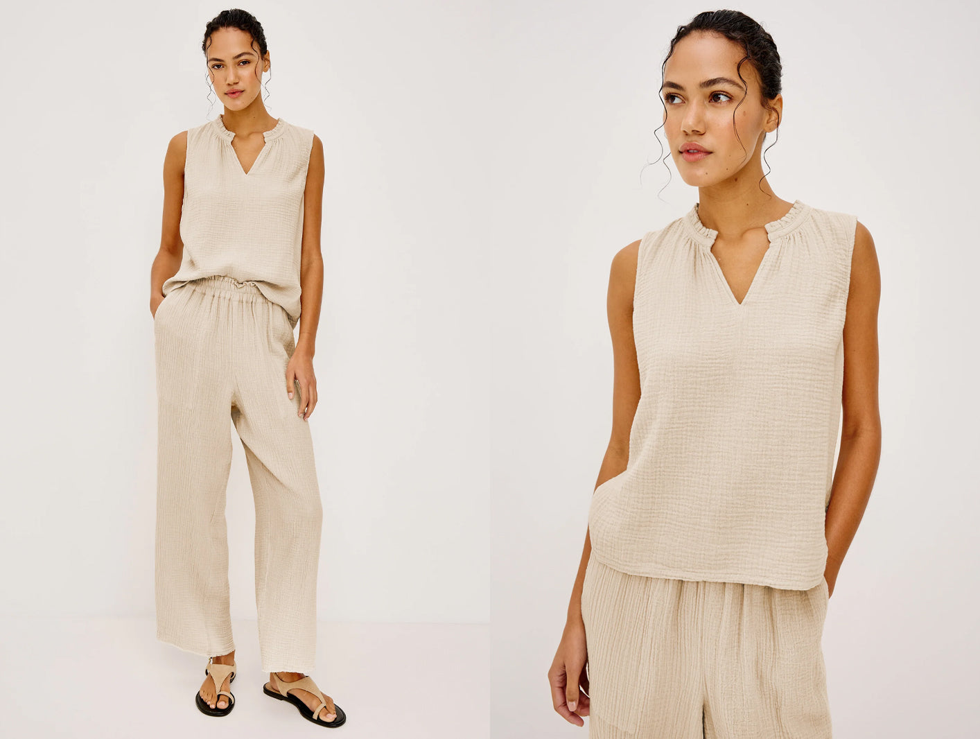 Women wearing a beige sleeveless top and pants on a white background