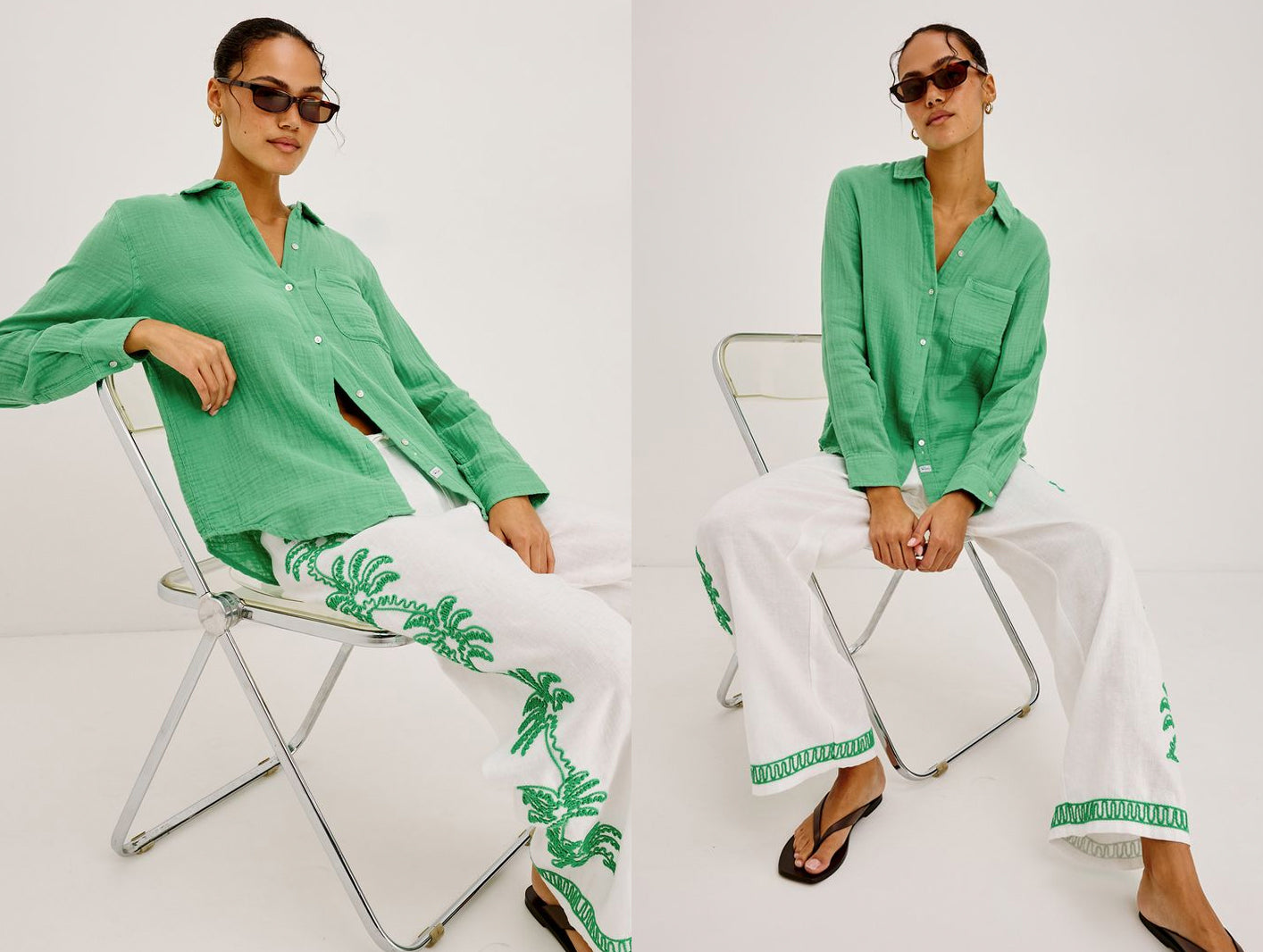 Woman wearing a green shirt and white pants with green embroidery