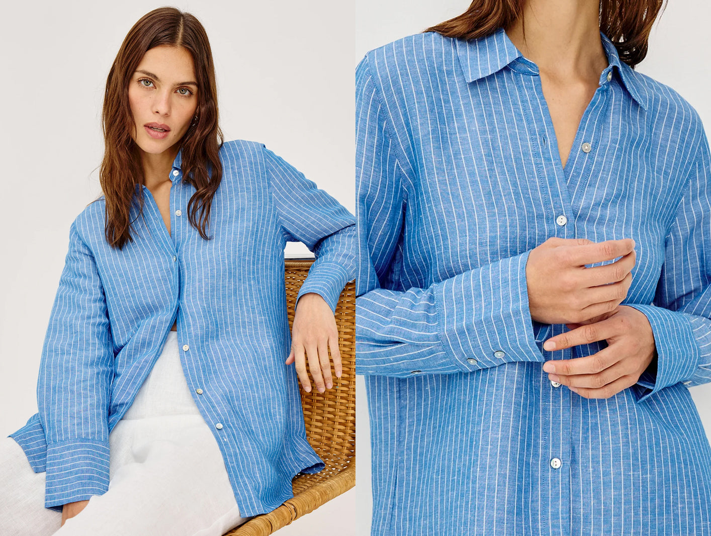 Woman wearing a blue striped shirt sitting on a chair with a plain background