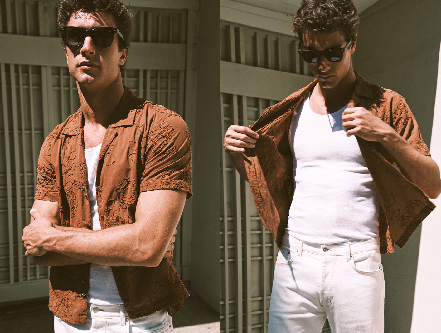 Man wearing a brown shirt with white pants and a white tank underneath