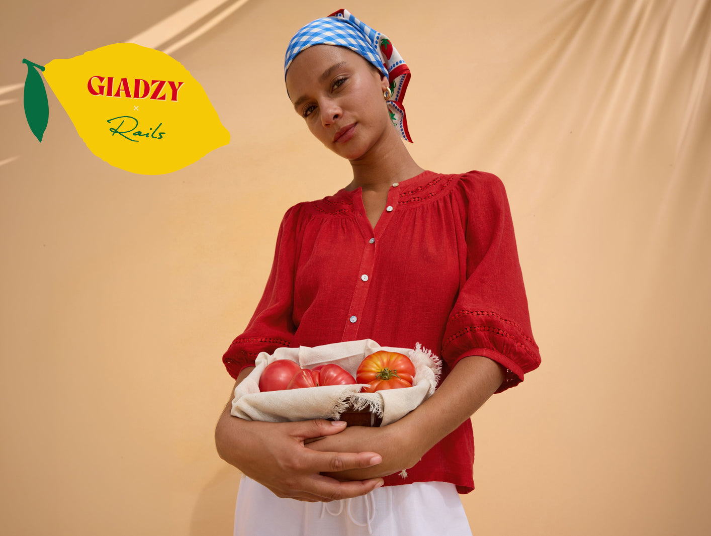 Woman holding a basket of apples with 'Gladzy' logo on beige background