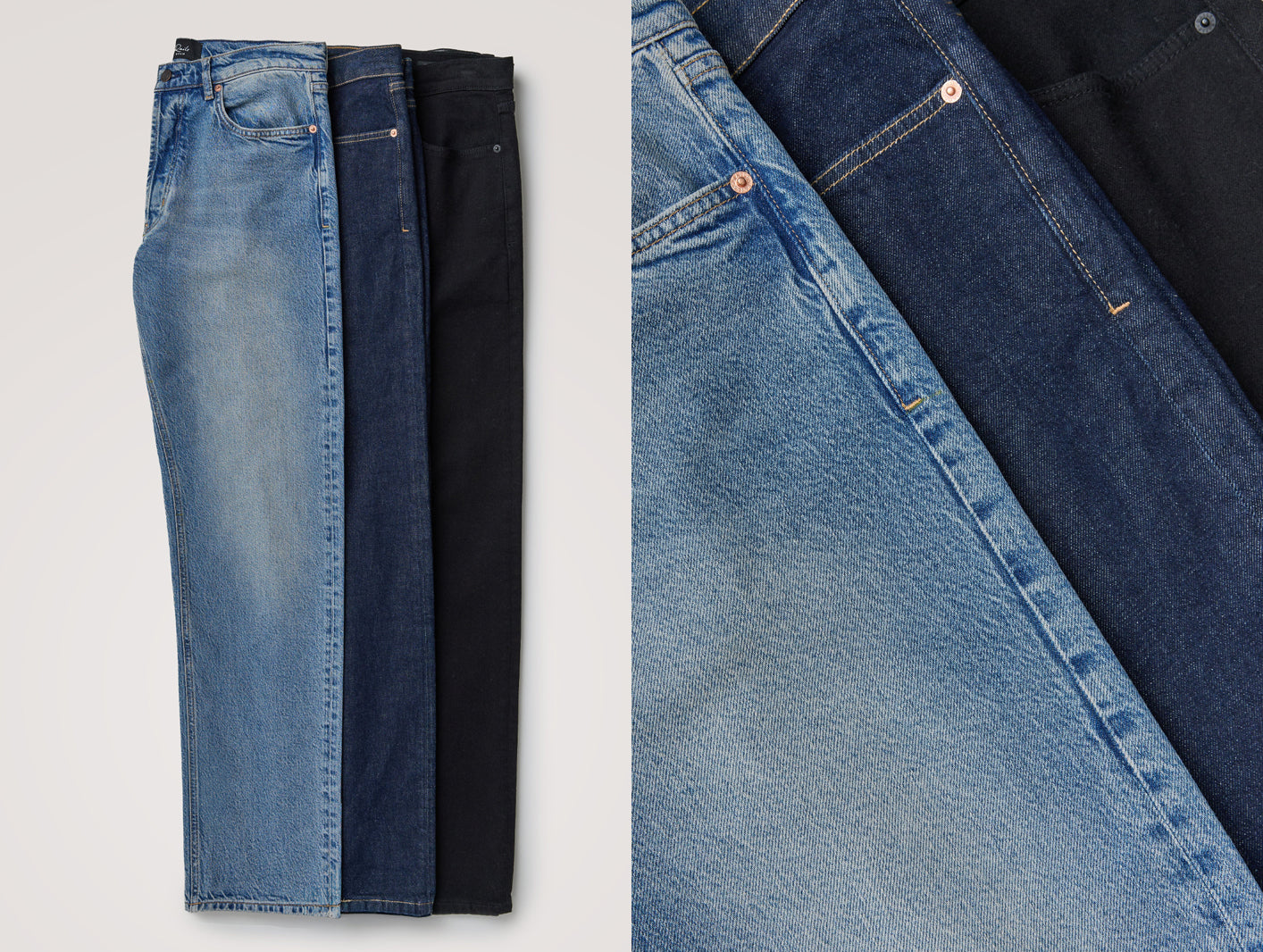 Three pairs of folded jeans shown side by side on a light gray background, with a close-up detail panel on the right showing fabric texture and stitching. The jeans are in light blue, dark blue, and black denim.