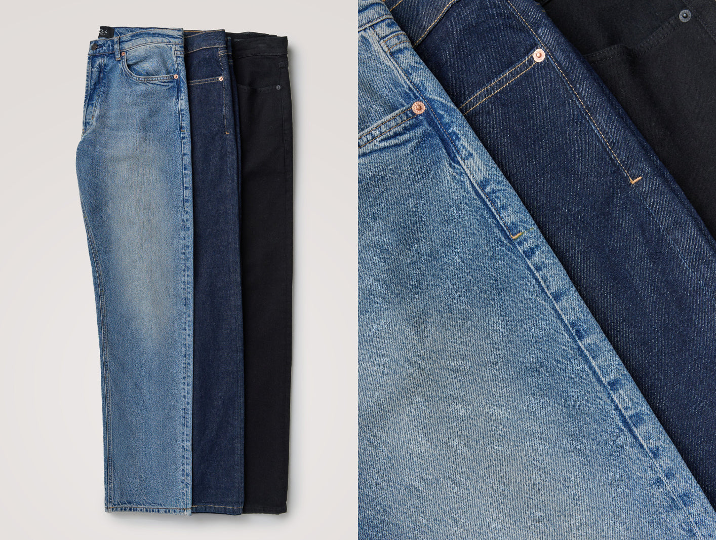 Three pairs of folded jeans displayed side by side on a light gray background, with a close-up detail panel on the right showing the fabric texture and pocket stitching of the blue denim.
