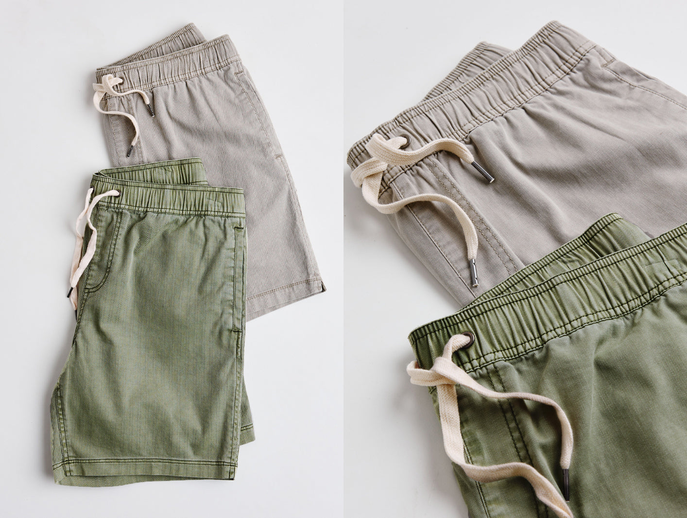 Two pairs of shorts, one green and one gray, on a white background.